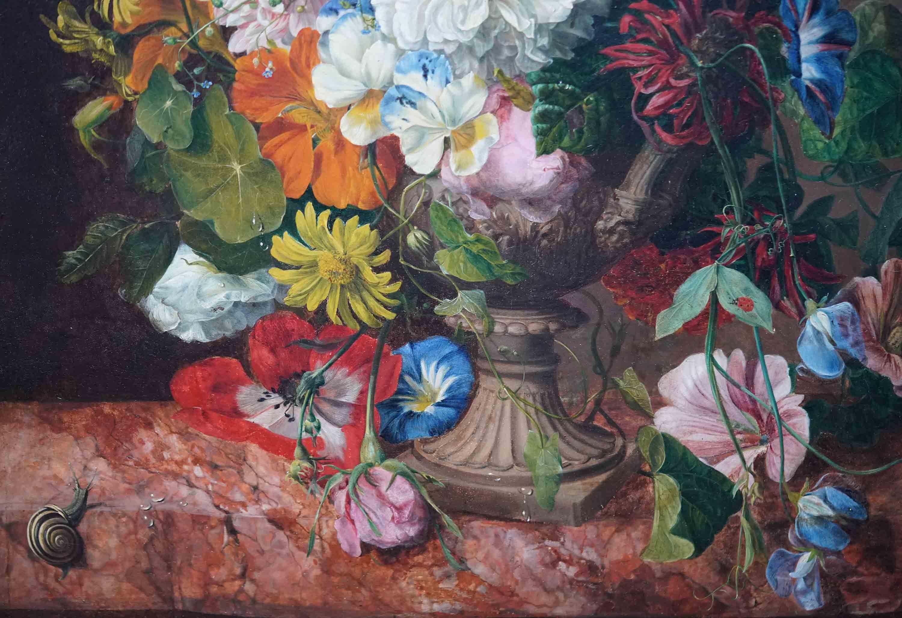 This stunning 19th century still life floral oil on panel painting is by noted still life female Norwich School artist Emily Stannard. Emily Stannard and her niece Eloise Harriet Stannard are nowadays considered to be among the most accomplished