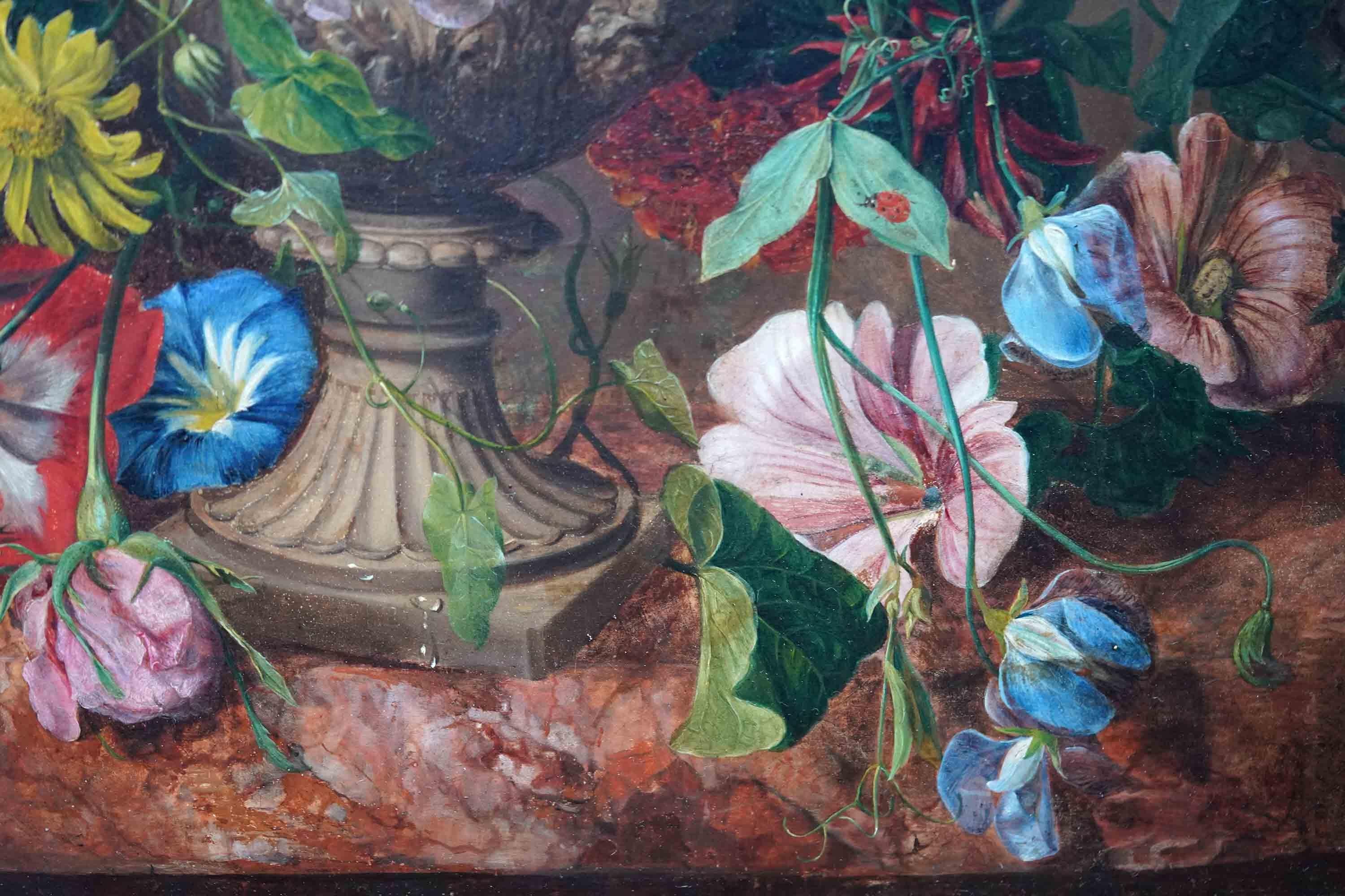 Still Life with Flowers on Marble Ledge - British 19th century art oil painting For Sale 2