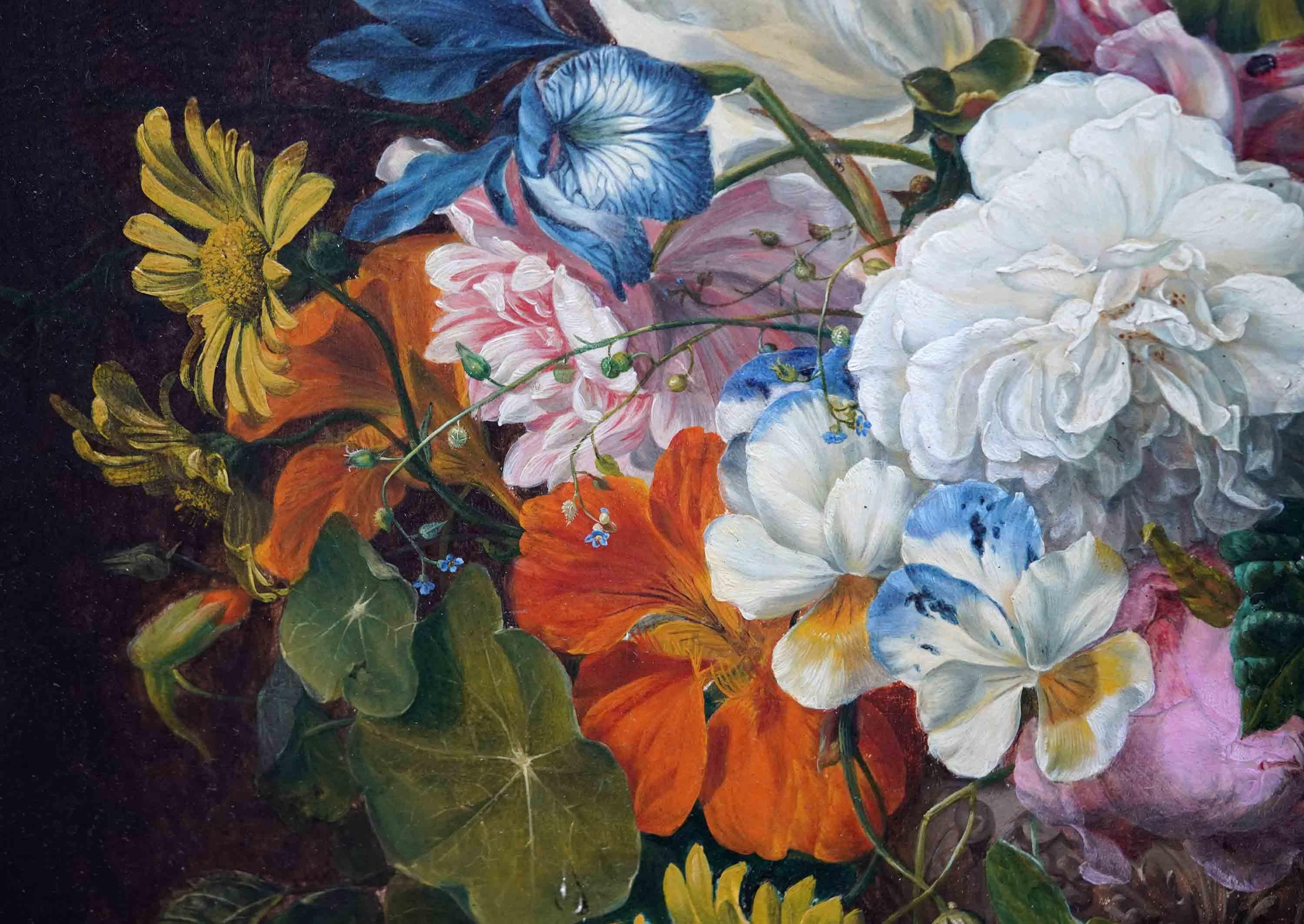 Stillleben mit Blumen auf Marmor Ledge – britisches Ölgemälde des 19. Jahrhunderts im Angebot 4