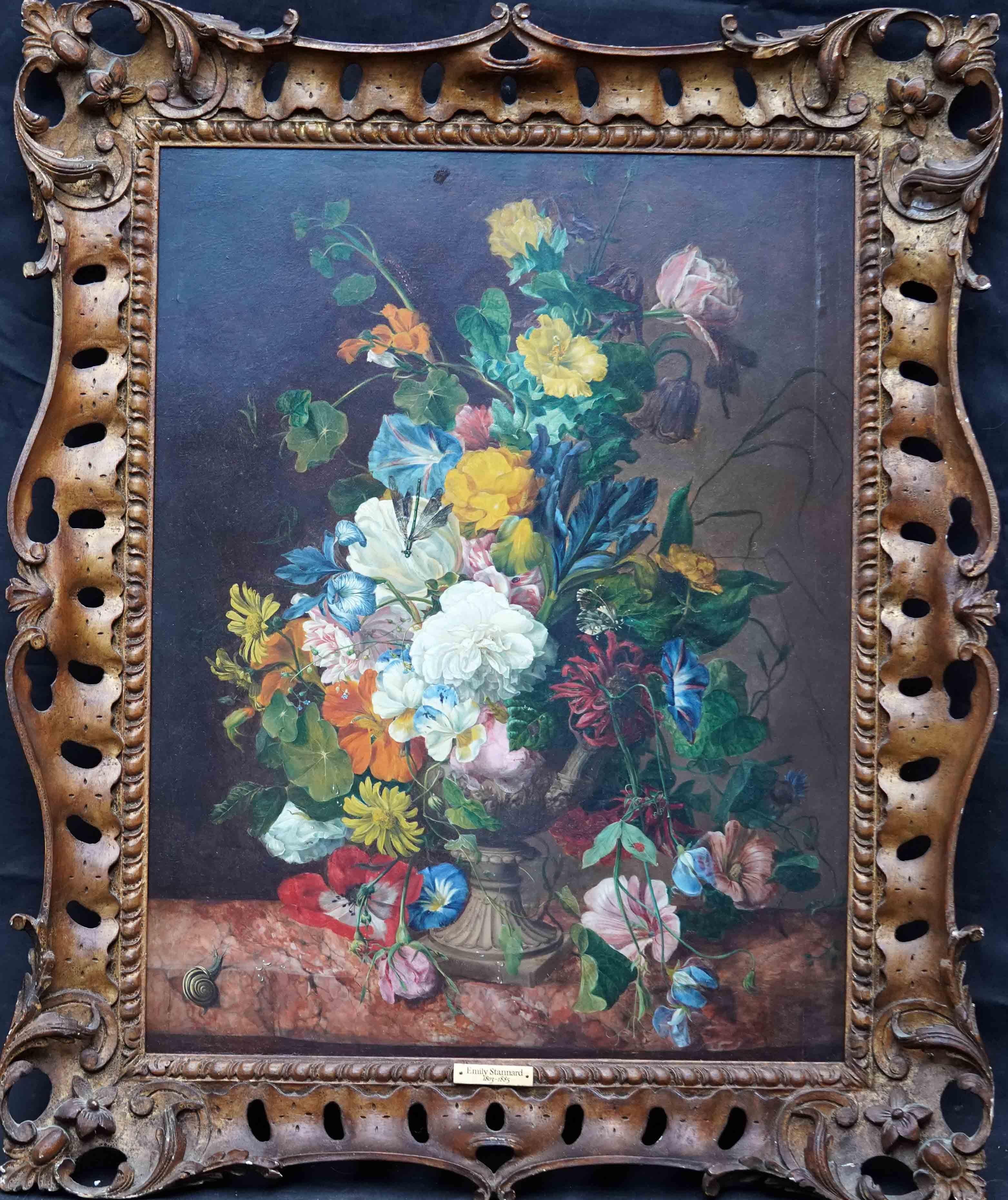 Emily Stannard Still-Life Painting – Stillleben mit Blumen auf Marmor Ledge – britisches Ölgemälde des 19. Jahrhunderts