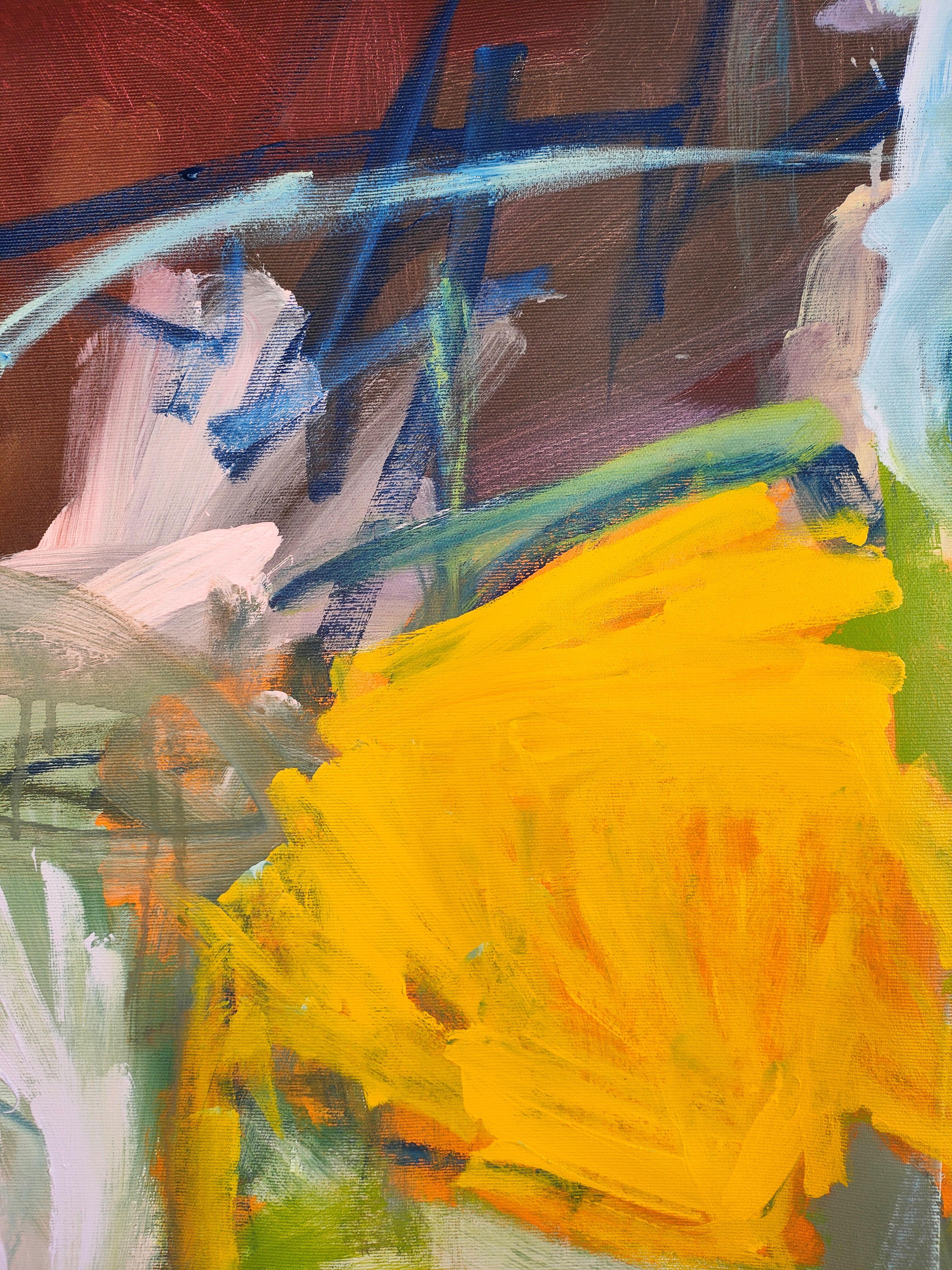 Großes Kunstwerk des abstrakten Expressionismus, realisiert im Sommer 2023 in Frankreich.  Diese Arbeit ist Teil einer Reihe von Untersuchungen und Verbesserungen der Arbeitsgestaltung.  Es wurde in mehreren Schichten mit einer reichen und