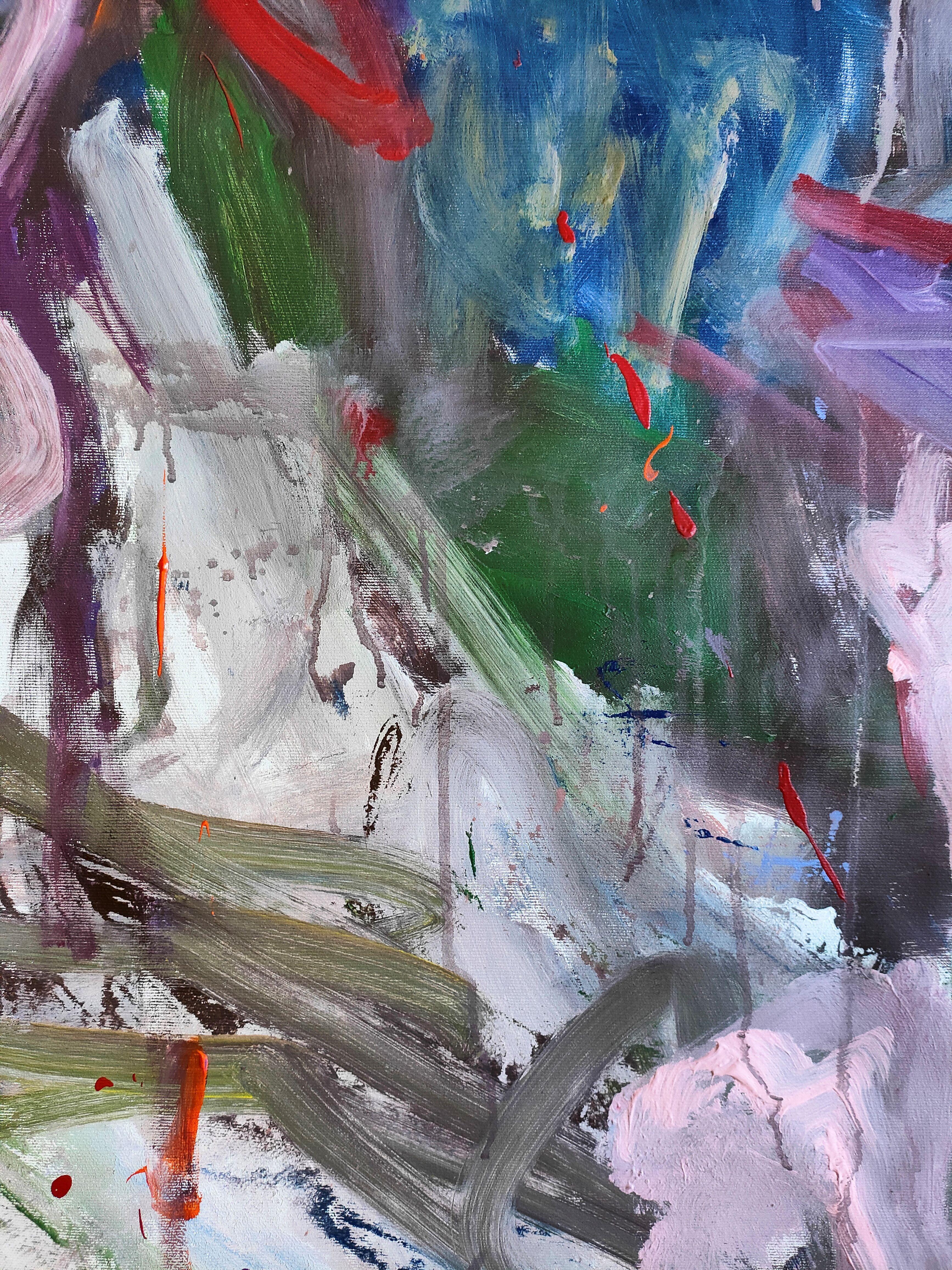 Abstraktes expressionistisches Kunstwerk, das in mehreren Schichten mit dynamischen und spontanen Pinselstrichen und Dripping gearbeitet ist.  Die Palette ist bunt, aber hauptsächlich dunkel.  Professionelle und hochwertige Lackierung mit UV-Schutz