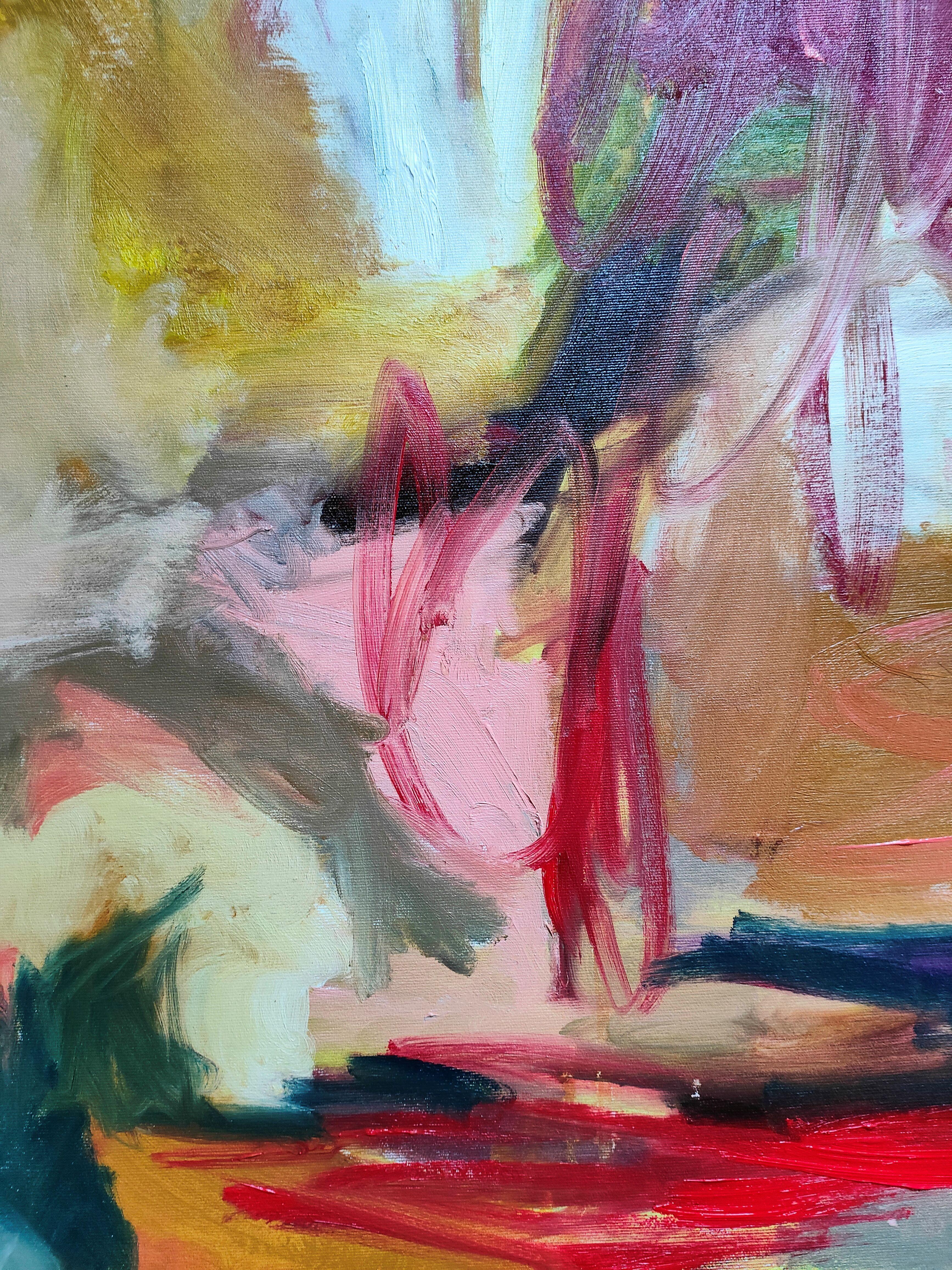 Abstraktes Kunstwerk in einer warmen und kräftigen Farbpalette, hauptsächlich Rot und Orange.  In mehreren Schichten mit gestischen und energischen Pinselstrichen gearbeitet.  Positive Energie.  Die Ränder sind in der Kontinuität des Werks gemalt.  