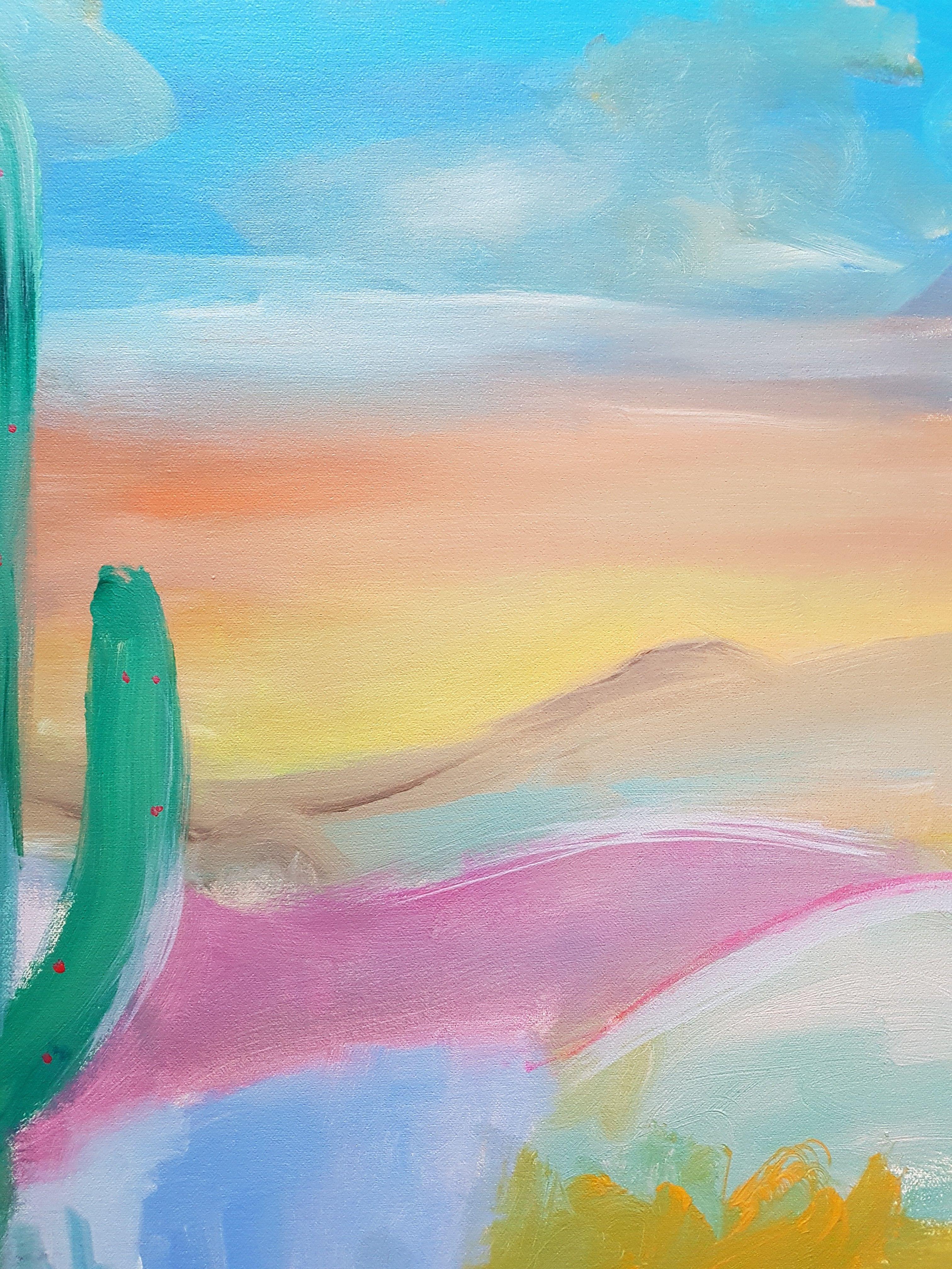 Abstract with cactus is a unique and original expressionist artwork. It is mostly worked in pastel colors, a cactus is his center of interest. In the distance, mountains and an orange-blue sky. In front of groves in bright colors, pinks, ochres.