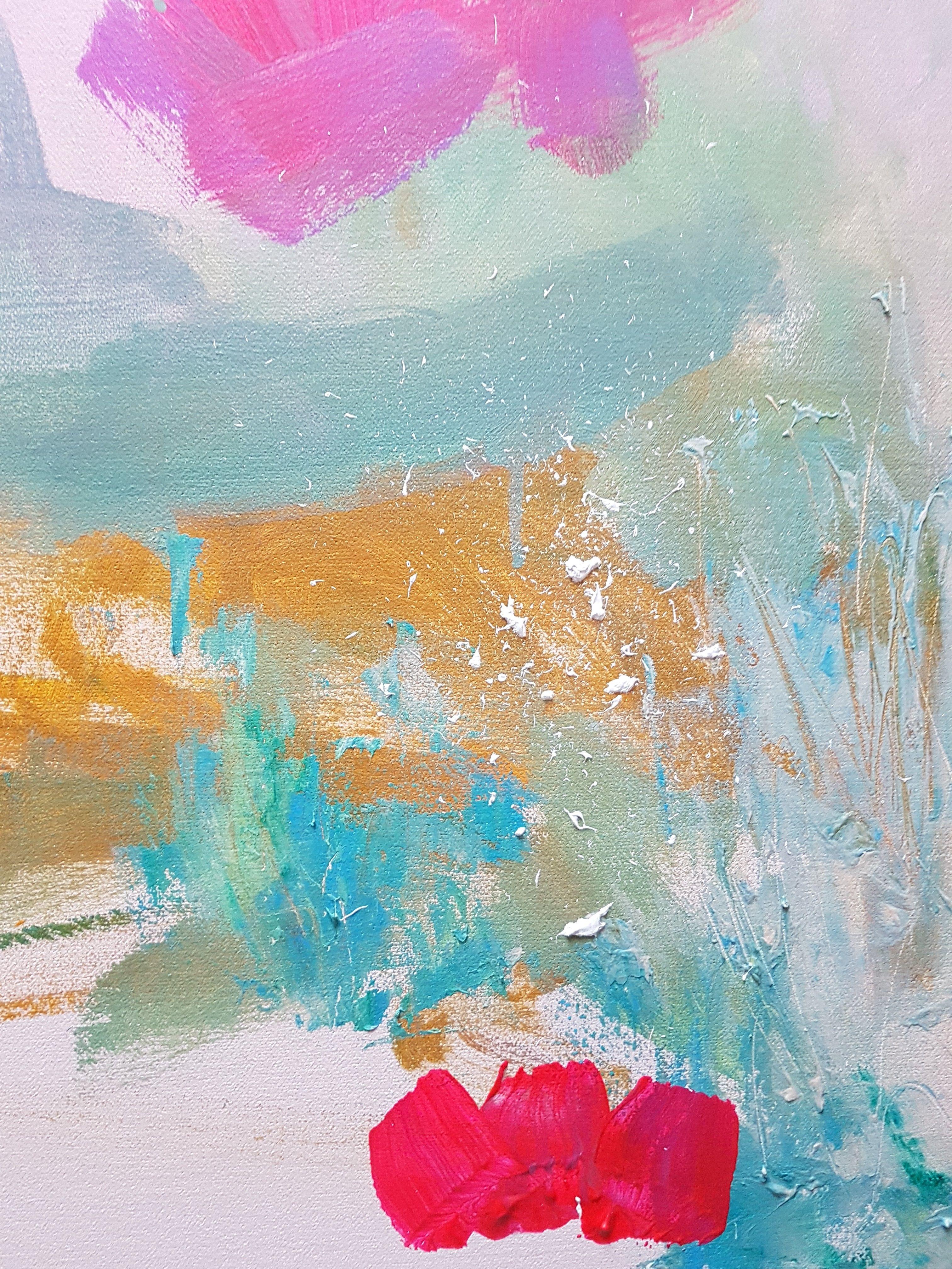 Abstrait avec cactus est une œuvre d'art expressionniste unique et originale. Il est principalement travaillé dans des couleurs pastel, un cactus est son centre d'intérêt. Au loin, des montagnes et un ciel bleu orangé. Devant des bosquets aux