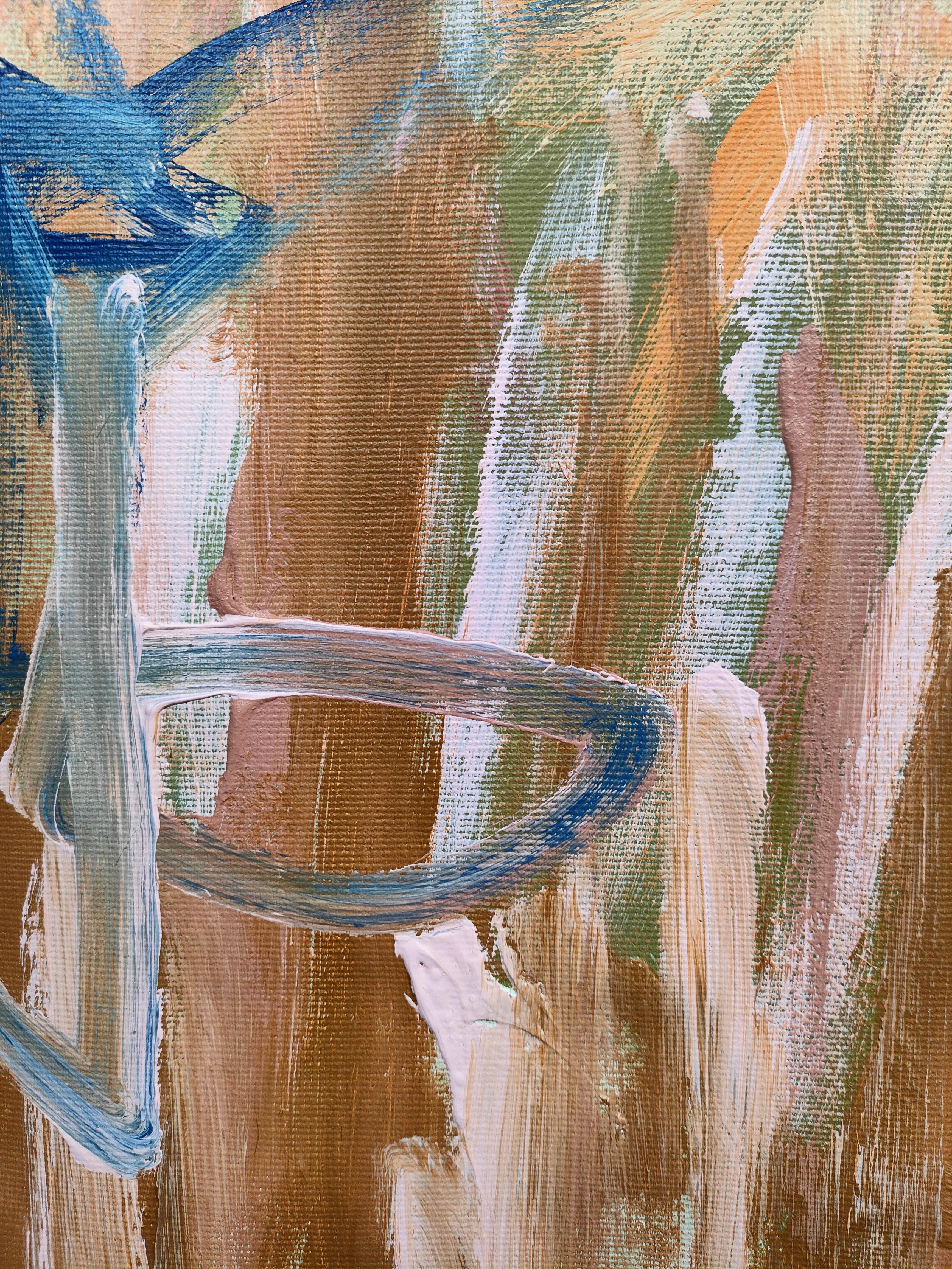 Abstraktes expressionistisches Kunstwerk, das in mehreren Schichten mit sichtbaren gestischen Pinselstrichen gearbeitet ist.  Die Farbpalette ist warm und farbenfroh.  Professionelle und hochwertige Lackierung mit UV-Schutz und Samtputz  Die Ränder