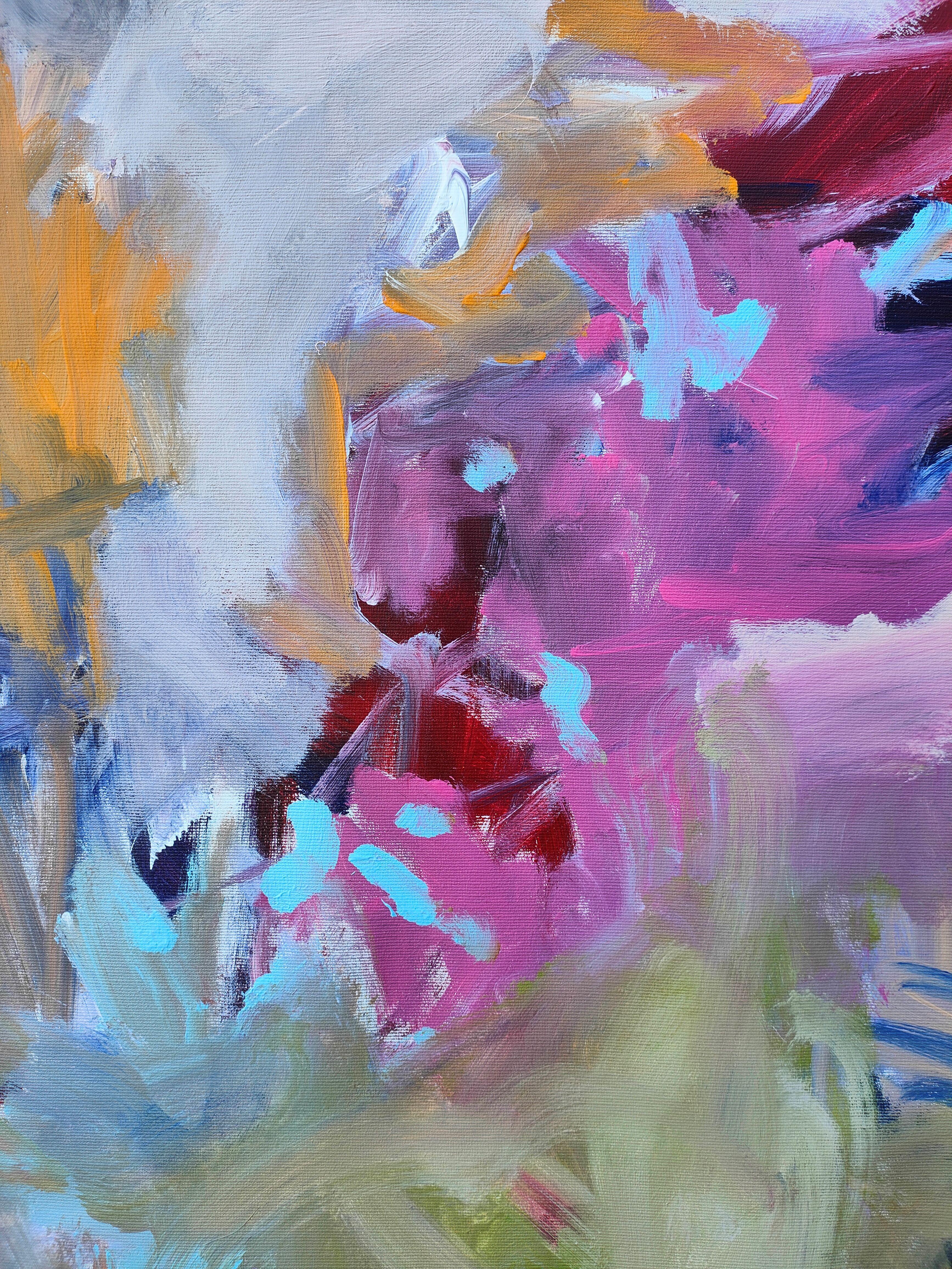 Abstraktes expressionistisches Kunstwerk, das in mehreren Schichten mit spontaner Geste arbeitet.  Die Palette ist bunt, aber hauptsächlich blau-türkis.  Professionelle und hochwertige Lackierung mit UV-Schutz und Samtputz.  Die Ränder werden in der