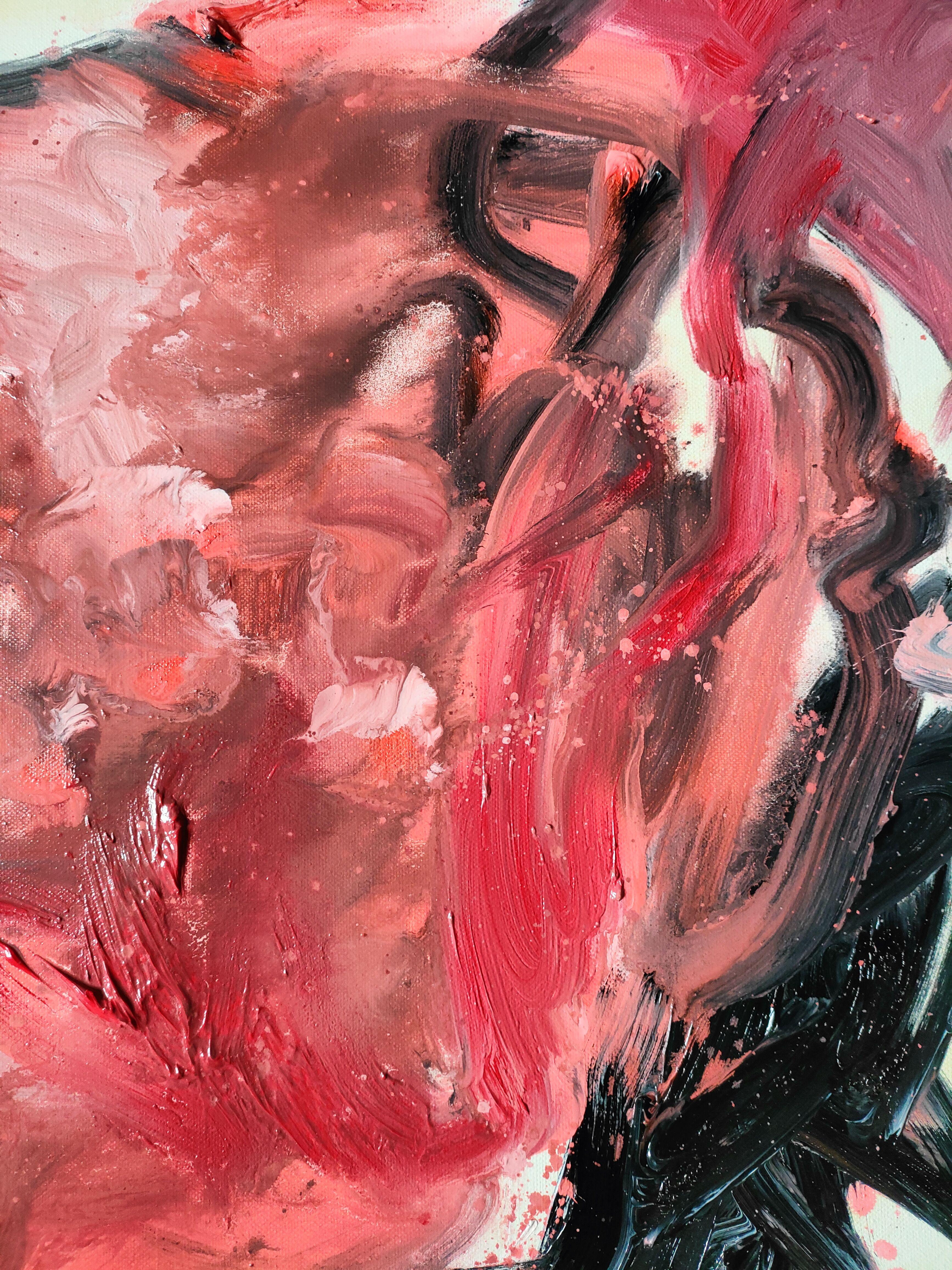 Energisches abstraktes Kunstwerk, das in mehreren Schichten mit dynamischen Pinselstrichen realisiert wurde.  Die Farbpalette besteht hauptsächlich aus Rot und Schwarz.  Spontane gestische Aktionsmalerei.  Die Ränder sind gestrichen.  Fertig zum