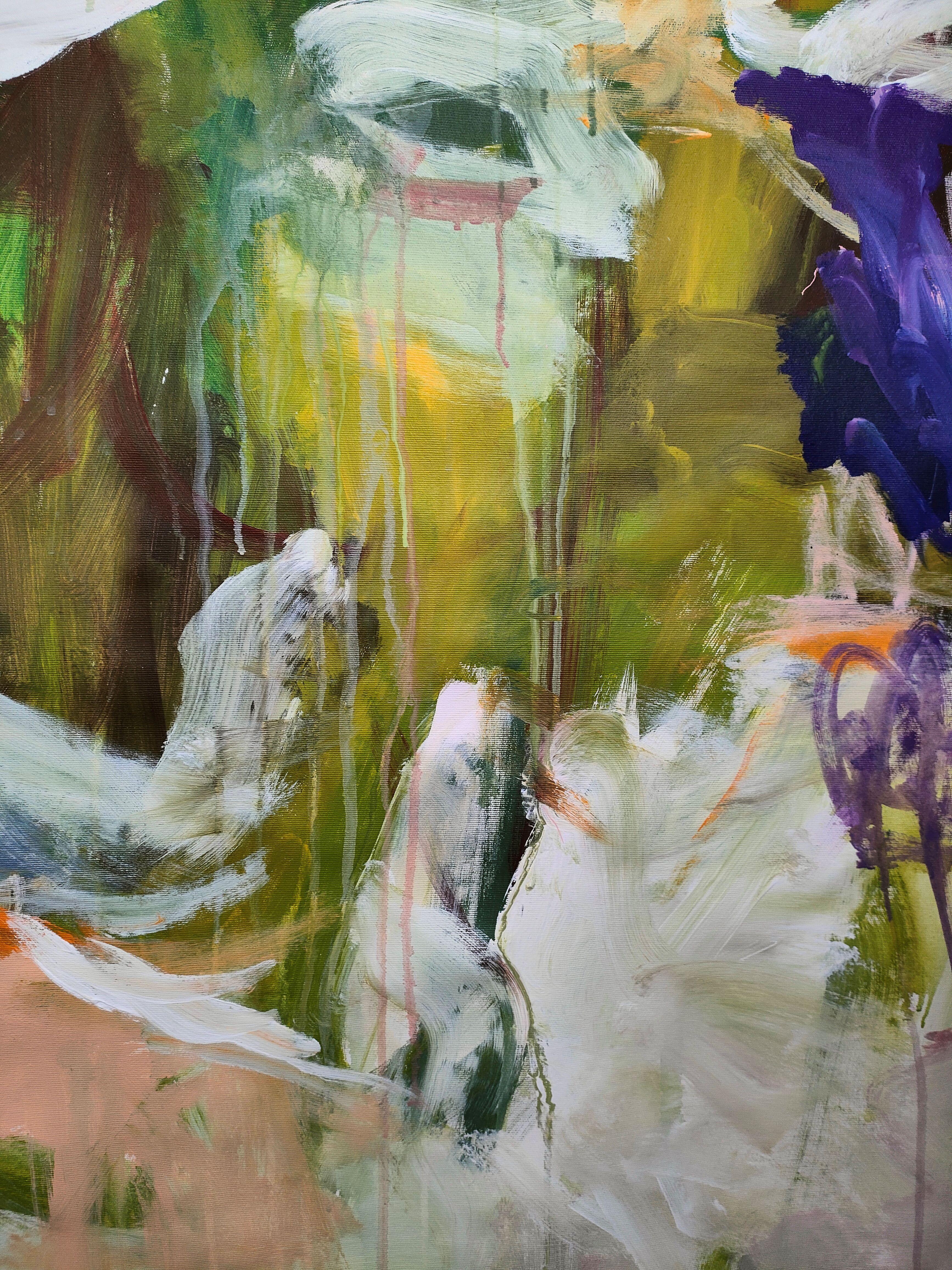Großes expressionistisches Kunstwerk, inspiriert von der Natur während des Sommers in Frankreich im Jahr 2023.  Die Farbpalette besteht hauptsächlich aus Grün, Weiß und Blau.  In mehreren Schichten mit professioneller und hochwertiger Lackierung mit