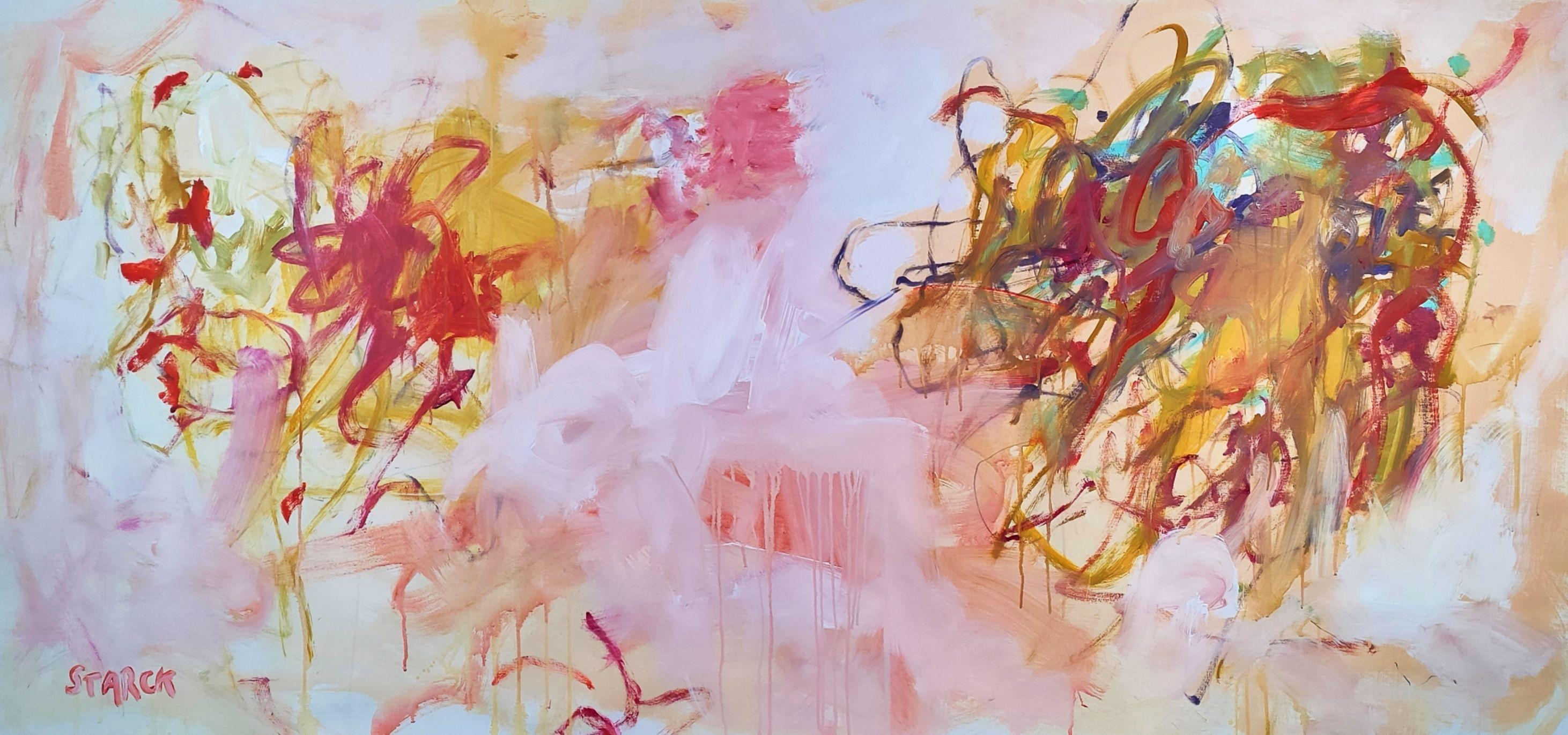 Large abstract expressionism artwork realized in winter 2023 in France.  Bright palette mainly of pink, red, orange and white.  Professional and high quality painting with anti UV protection and velvet rendering.   :: Painting :: Abstract