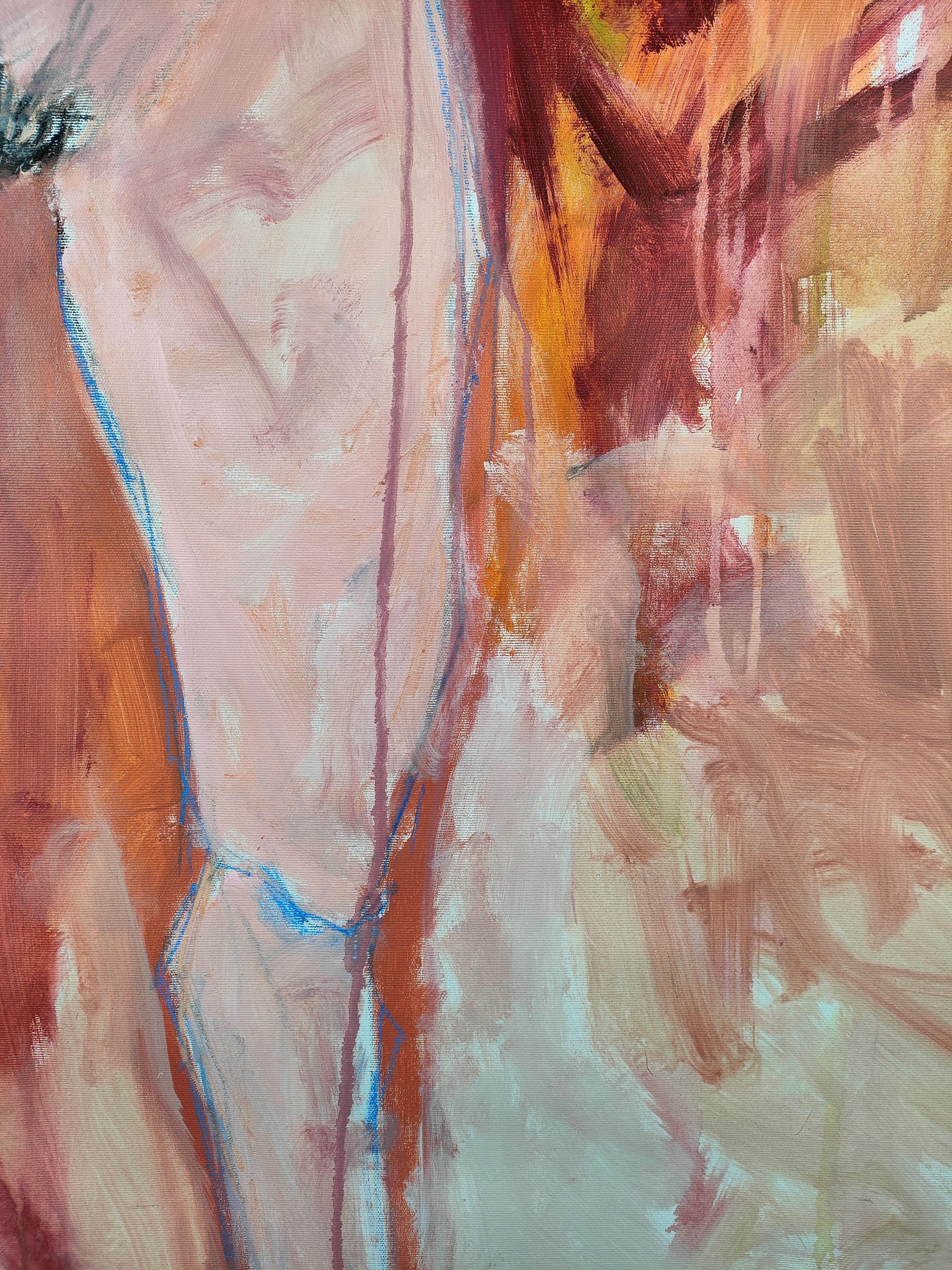 Kunstwerk inspiriert von Egon Schiele.  Gemälde eines Frauenhinterns, dessen grünes Kleid angehoben wird und das Schambein sowie die nackten Beine und Füße enthüllt.  Arbeitete auf einem abstrakten Hintergrund.  Professionelle und hochwertige