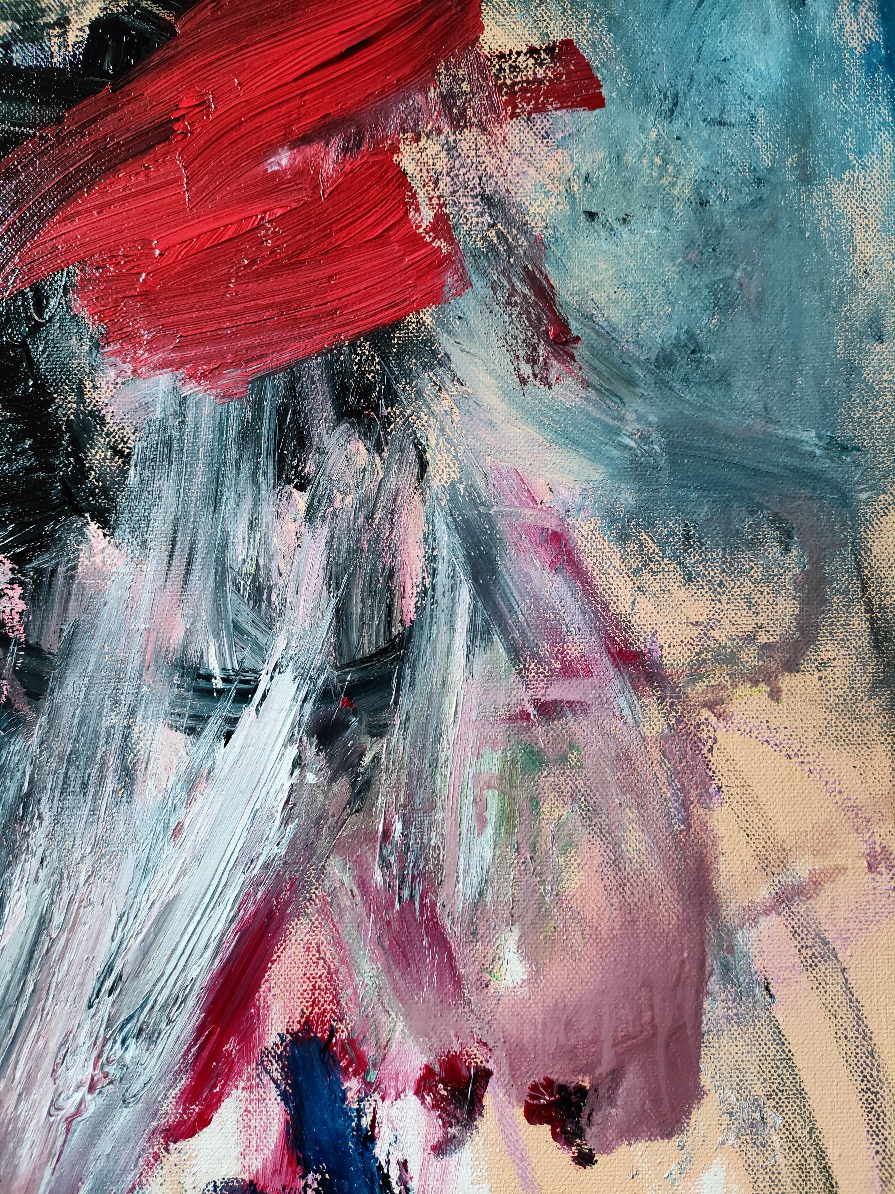 Gestural abstract painting with energic brush strokes.  The palette is mainly blue and red on a apricot, peach background.  Signed on verso and on certificate of authenticity.  Edges are painted.   :: Painting :: Abstract :: This piece comes with an