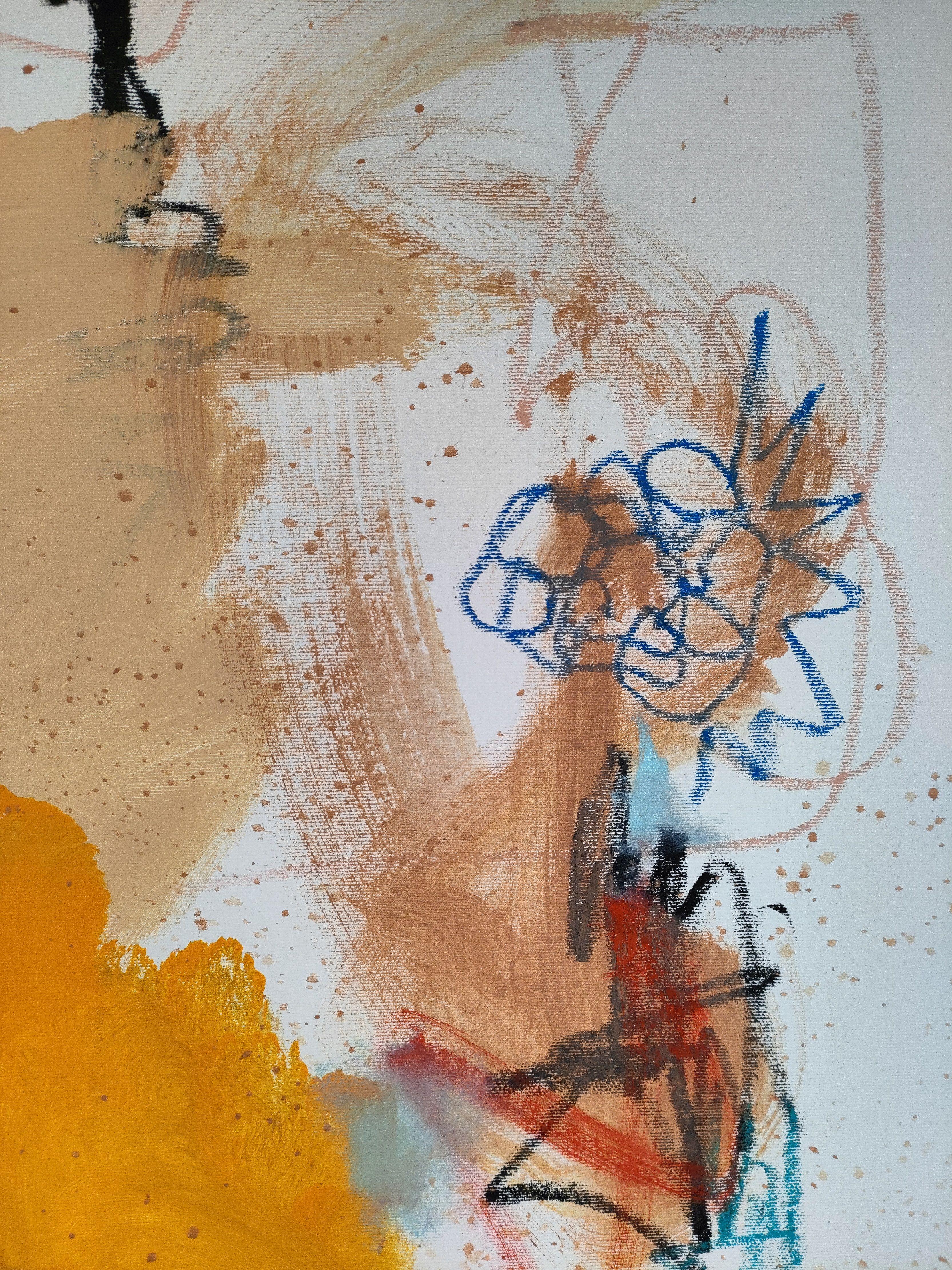 Dieses Kunstwerk ist einzigartig und original in mehreren Schichten mit verschiedenen Medien (Acryl, Ölpastell,...) gearbeitet. Die Palette ist warm, mit roten, orangen und violetten Farben. Das Kunstwerk ist lebendig und pulsierend, indem es einige