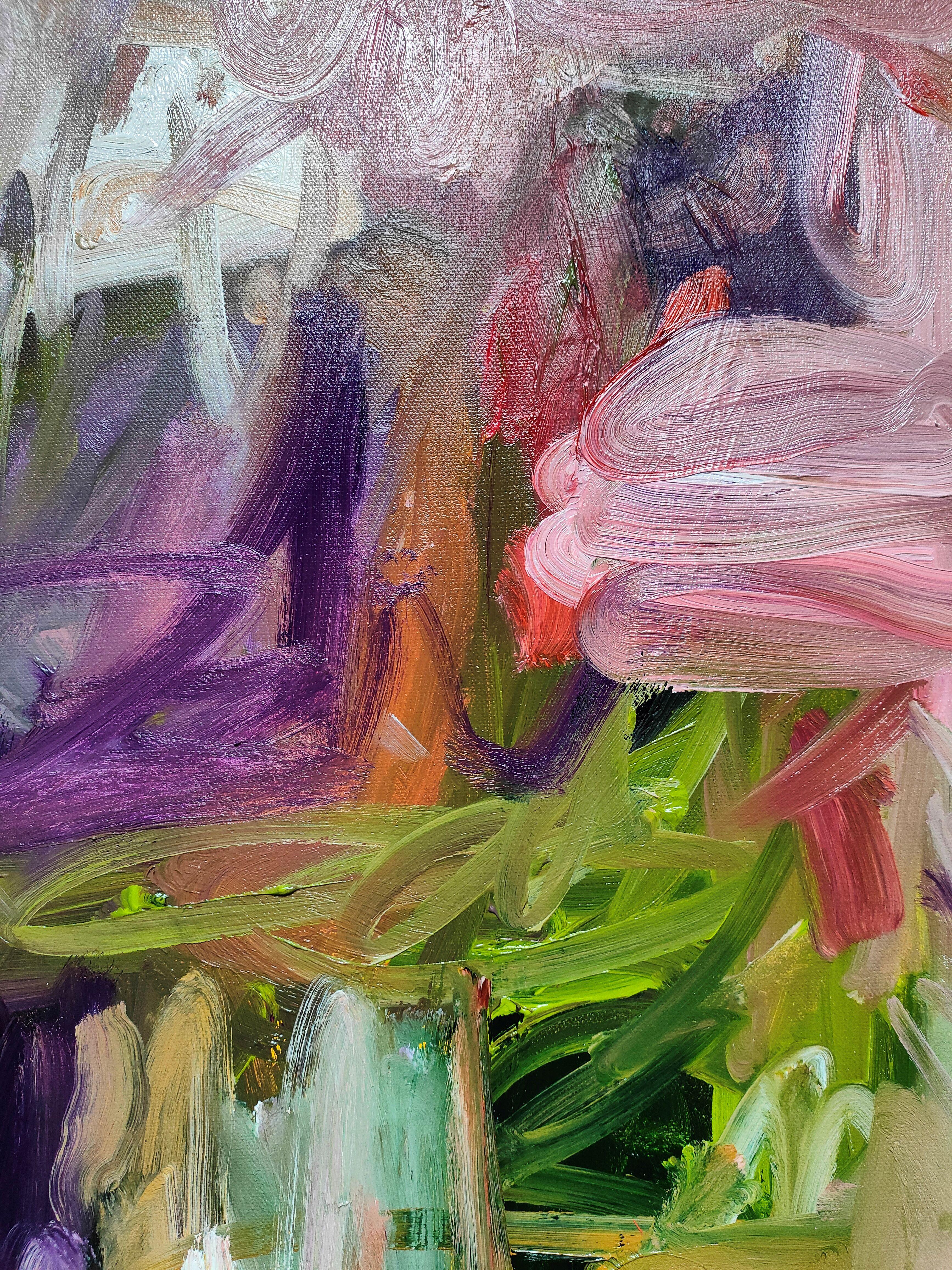 Lumi癡res florales, Pittura, Olio su tela - Painting Astratto di Emily STARCK