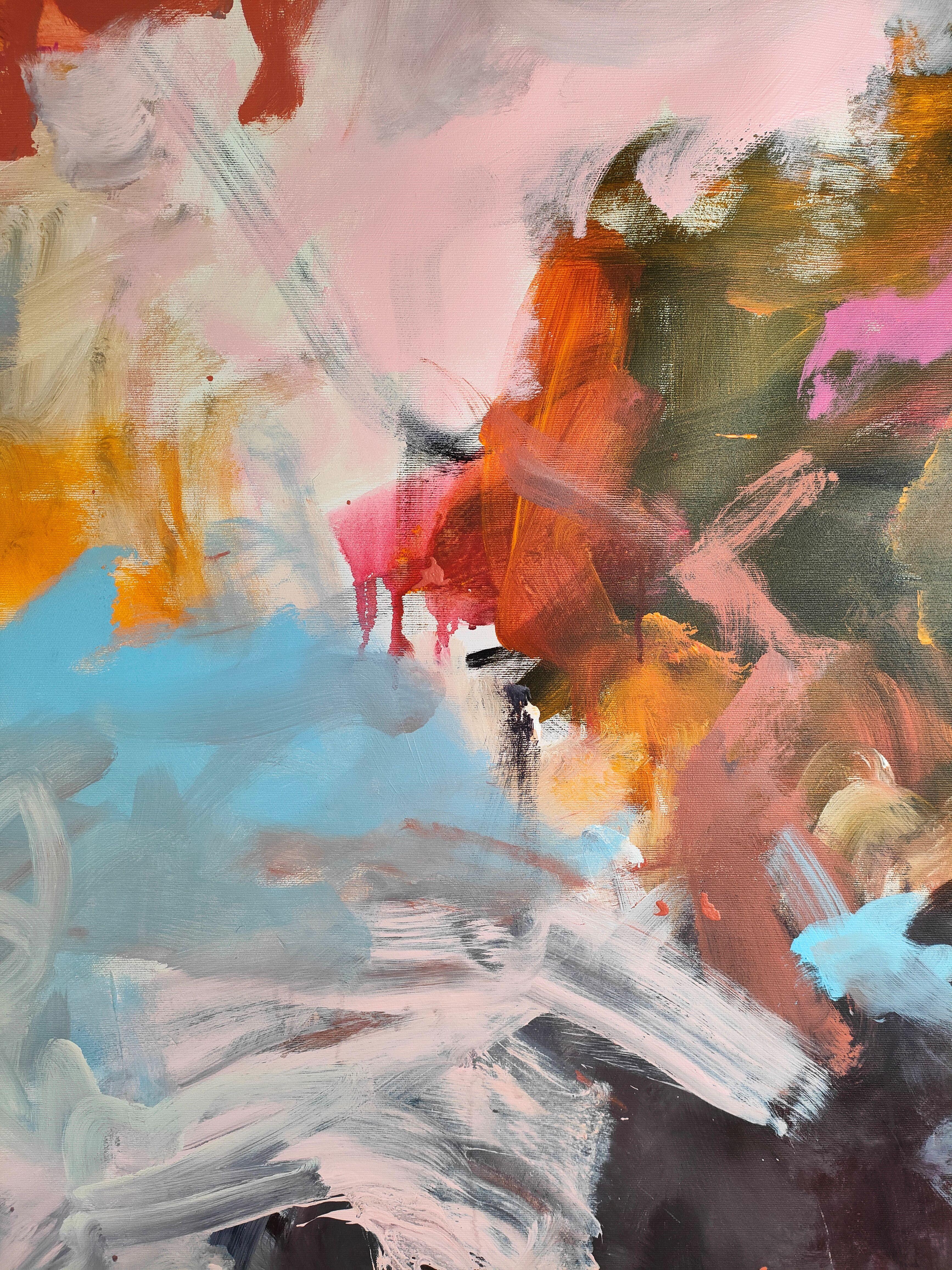 Großes abstraktes expressionistisches Kunstwerk mit einer kontrastreichen Farbpalette, hauptsächlich Schwarz und Rosa.  Gestische Abstraktion mit freien und spontanen Pinselstrichen und Dripping.  Professionelle und hochwertige Lackierung mit