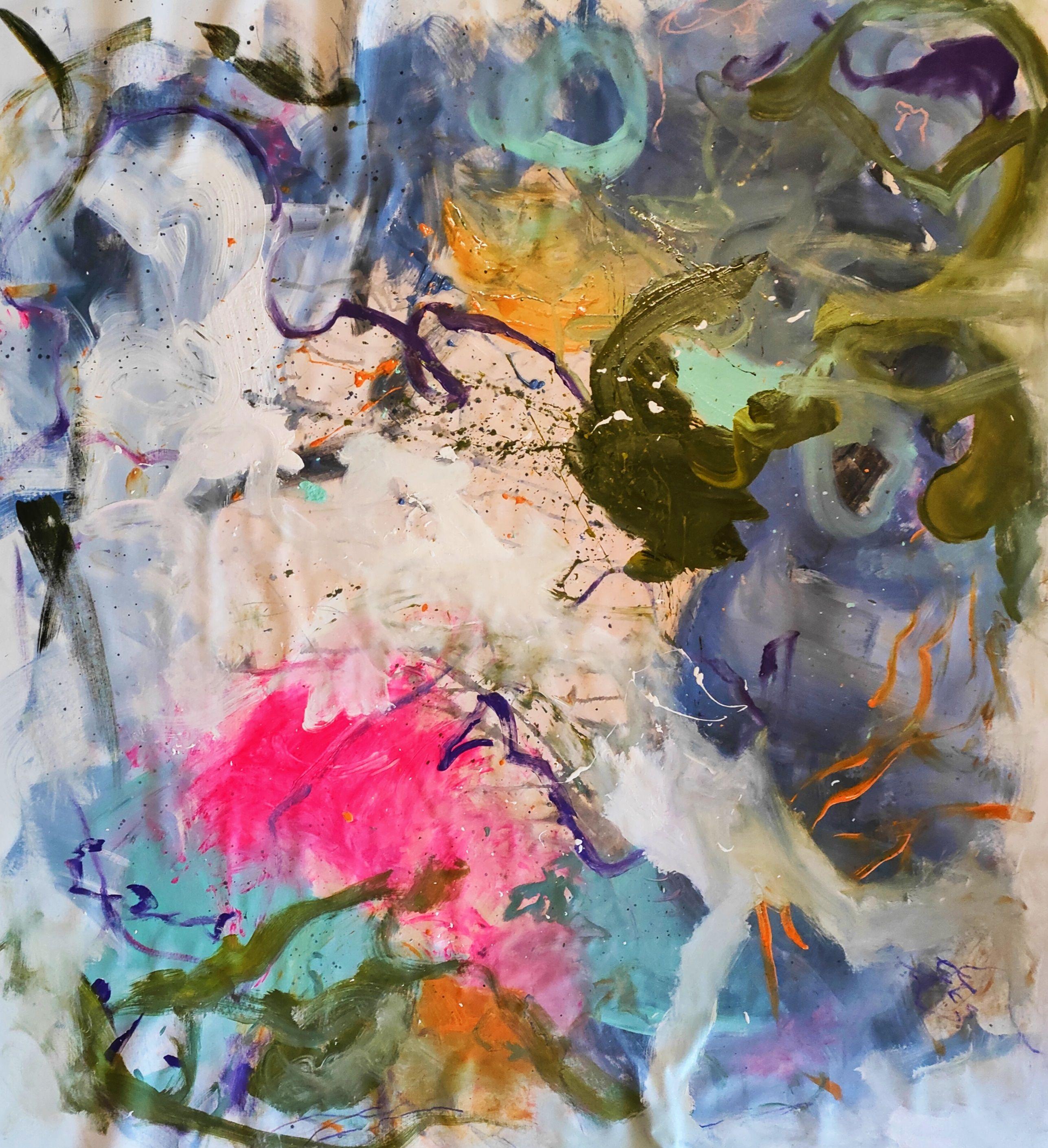 Large Colorful abstract expressionism artwork realized summer 2022.  Free but dynamic gesture and dripping.  The several layers of painting applied with brushes and hands bring a nice depth.   :: Painting :: Abstract Expressionism :: This piece