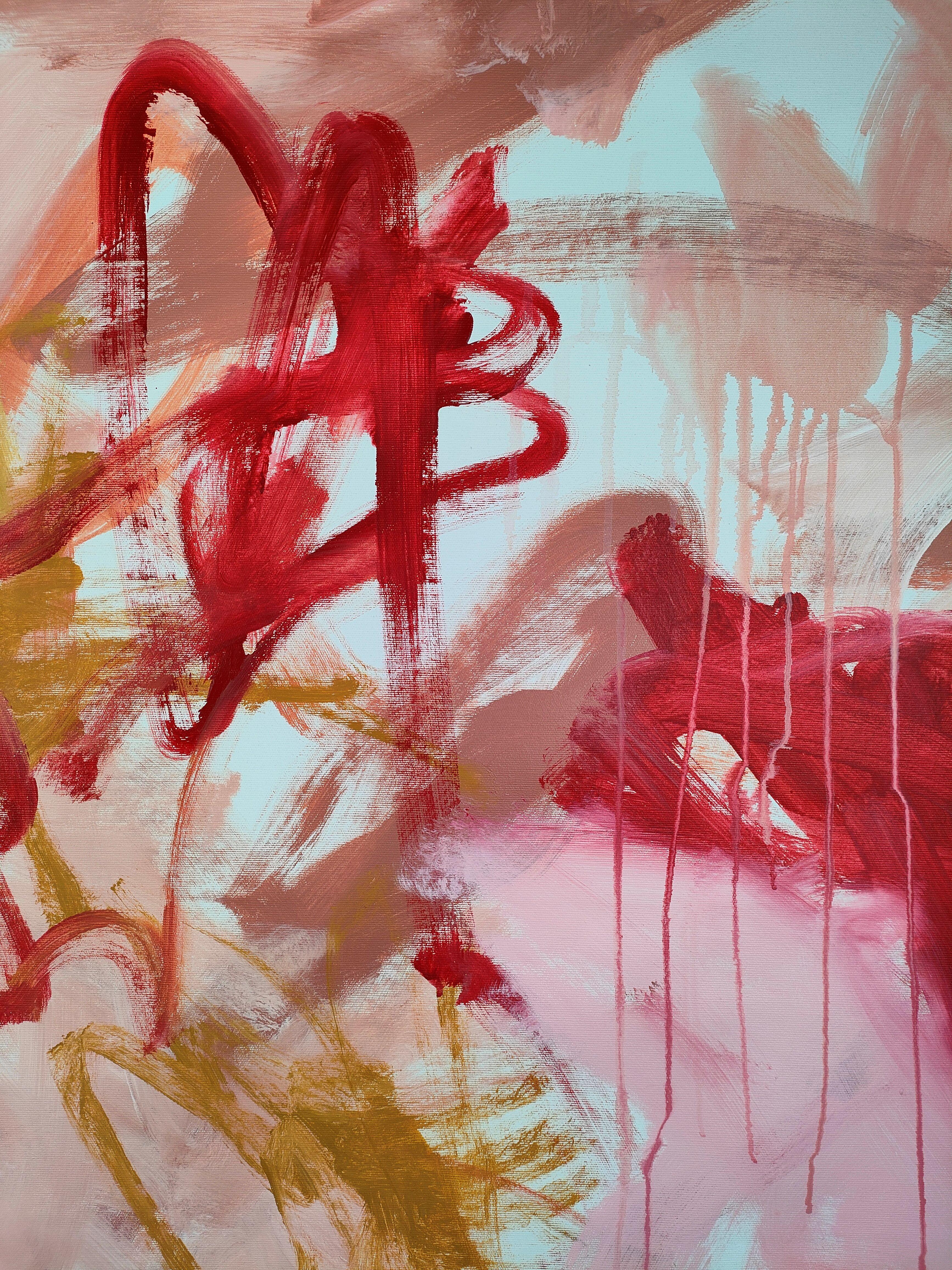 Grande opera d'arte di espressionismo astratto con una tavolozza limitata di rosso, rosa e ocra.  Lavora con pennellate gestuali e spontanee.  Verniciatura professionale e di alta qualità con protezione anti-UV e resa vellutata   :: Pittura ::