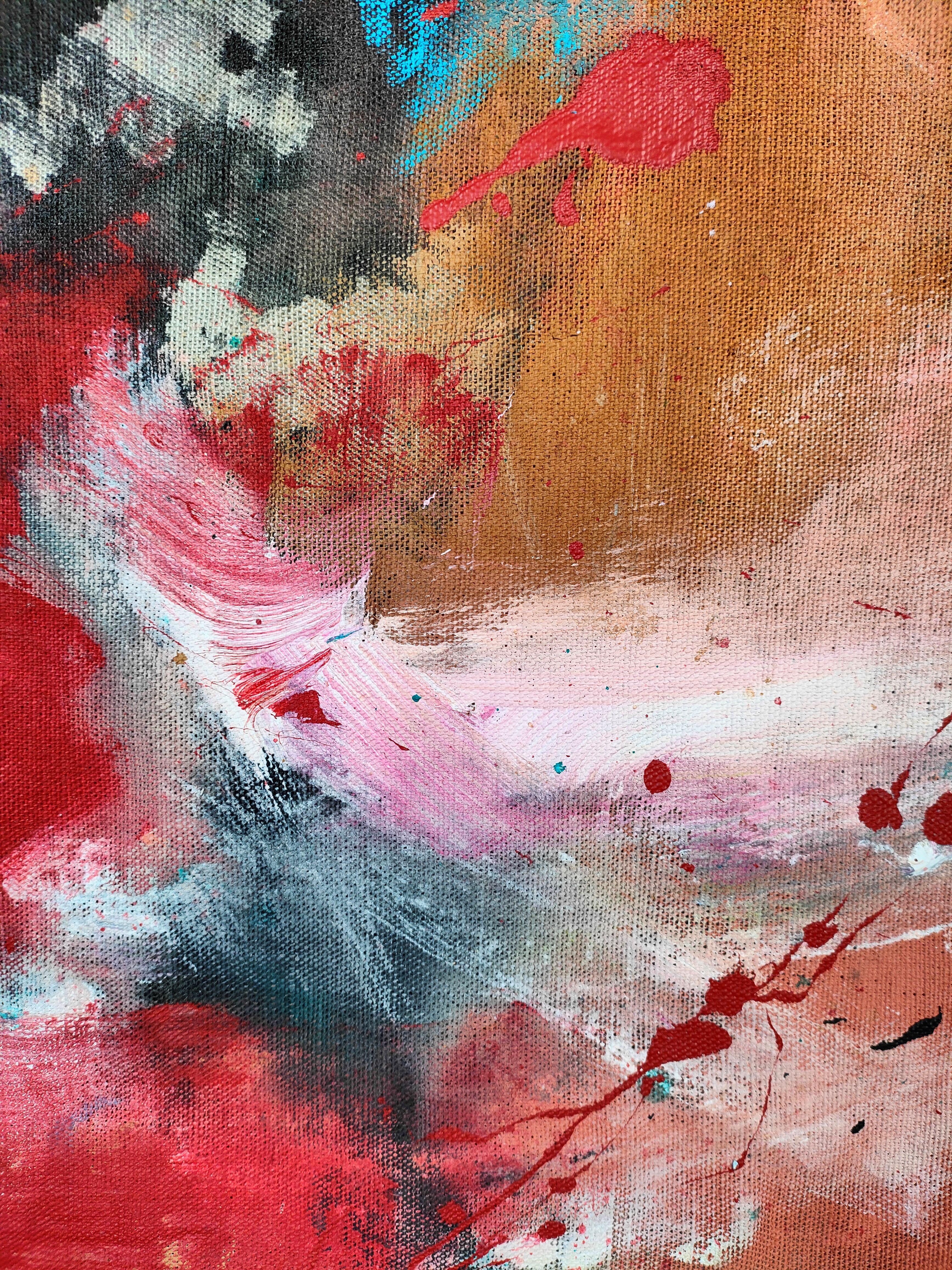 Abstraktes expressionistisches Self-Portrait auf Rohleinen.  Gestische Pinselstriche und Dripping in einer farbenfrohen Palette, hauptsächlich rot, grün, schwarz und rosa.  Professionelle und hochwertige Lackierung mit UV-Schutz und Samtputz     ::