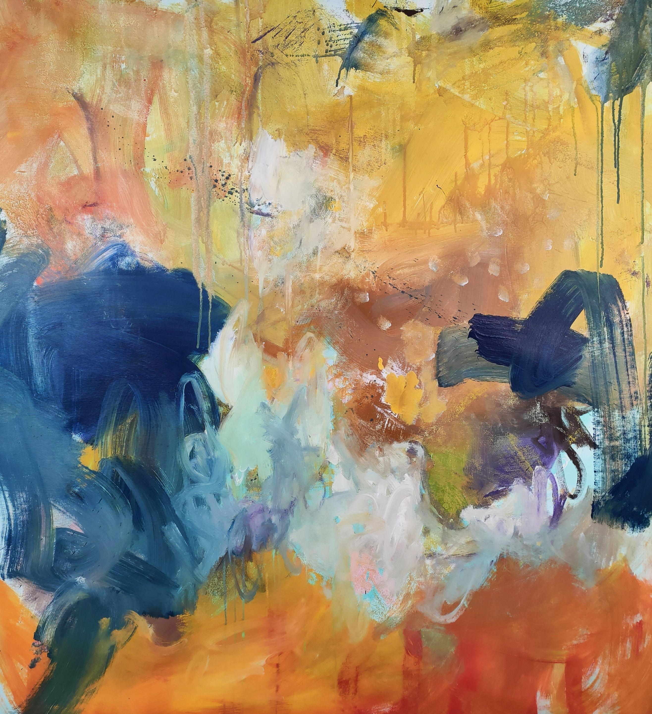 Abstract expressionism artwork worked in several layers in a warm palette mainly yellow and blue.  Inspired by sunflowers during spring 2023.  Professional and high quality painting with anti UV protection and velvet rendering. :: Painting ::