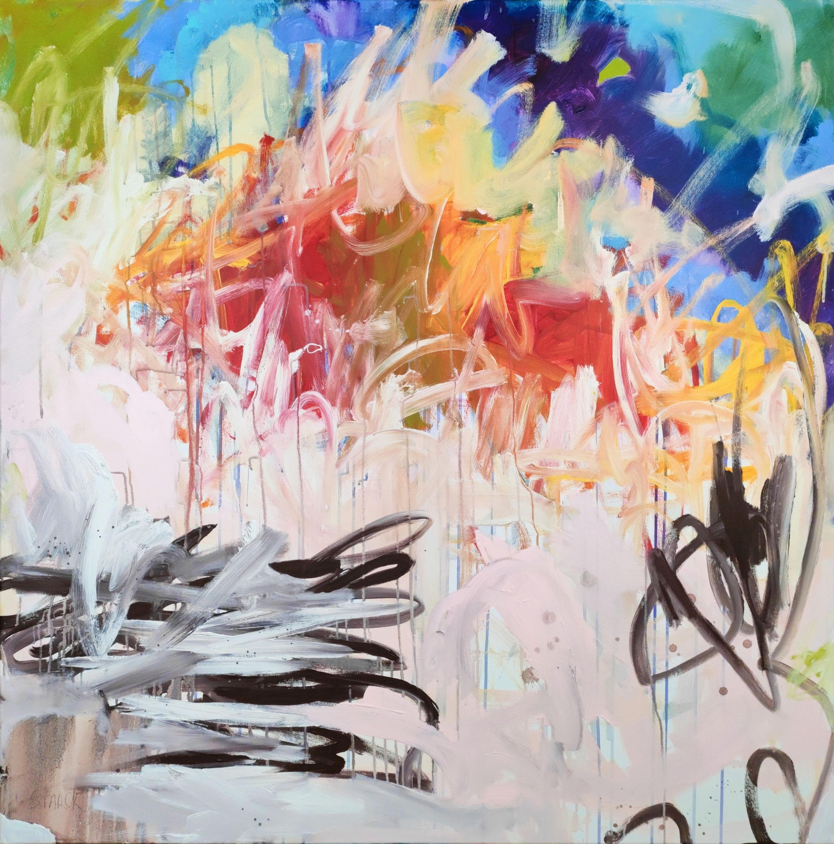 Large square abstract expressionism artwork.  Worked in several layers with a colorful and joyful palette.  Professional and high quality painting with anti UV protection and velvet rendering.  Realized during summer 2023 in France.  Ships ready to