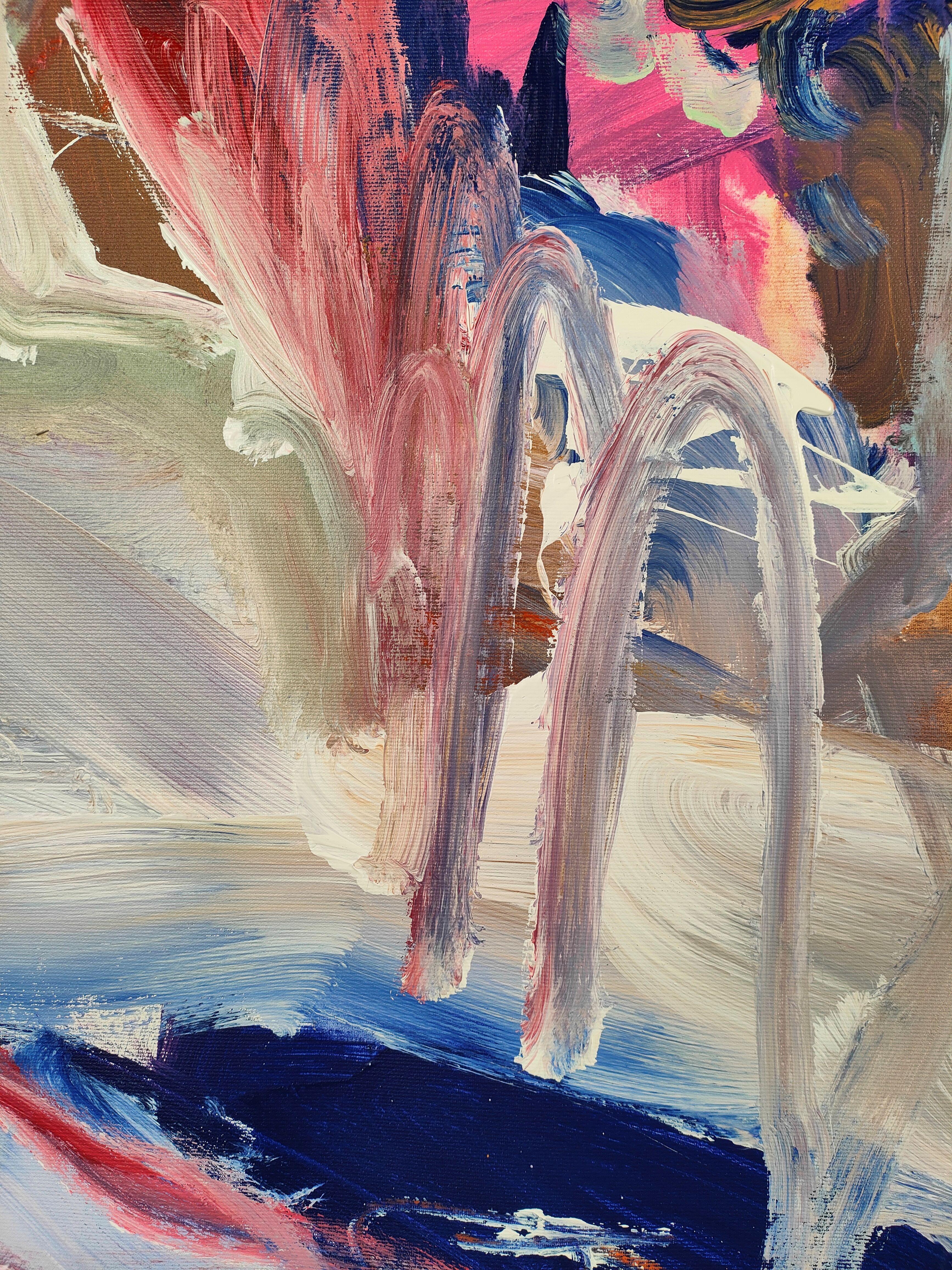 Abstraktes expressionistisches Kunstwerk mit einer kalten Farbpalette, hauptsächlich blau, rosa und orange.  Gestische Pinselstriche mit einer professionellen und hochwertigen Lackierung mit UV-Schutz und Samtputz  Die Ränder sind in der Kontinuität