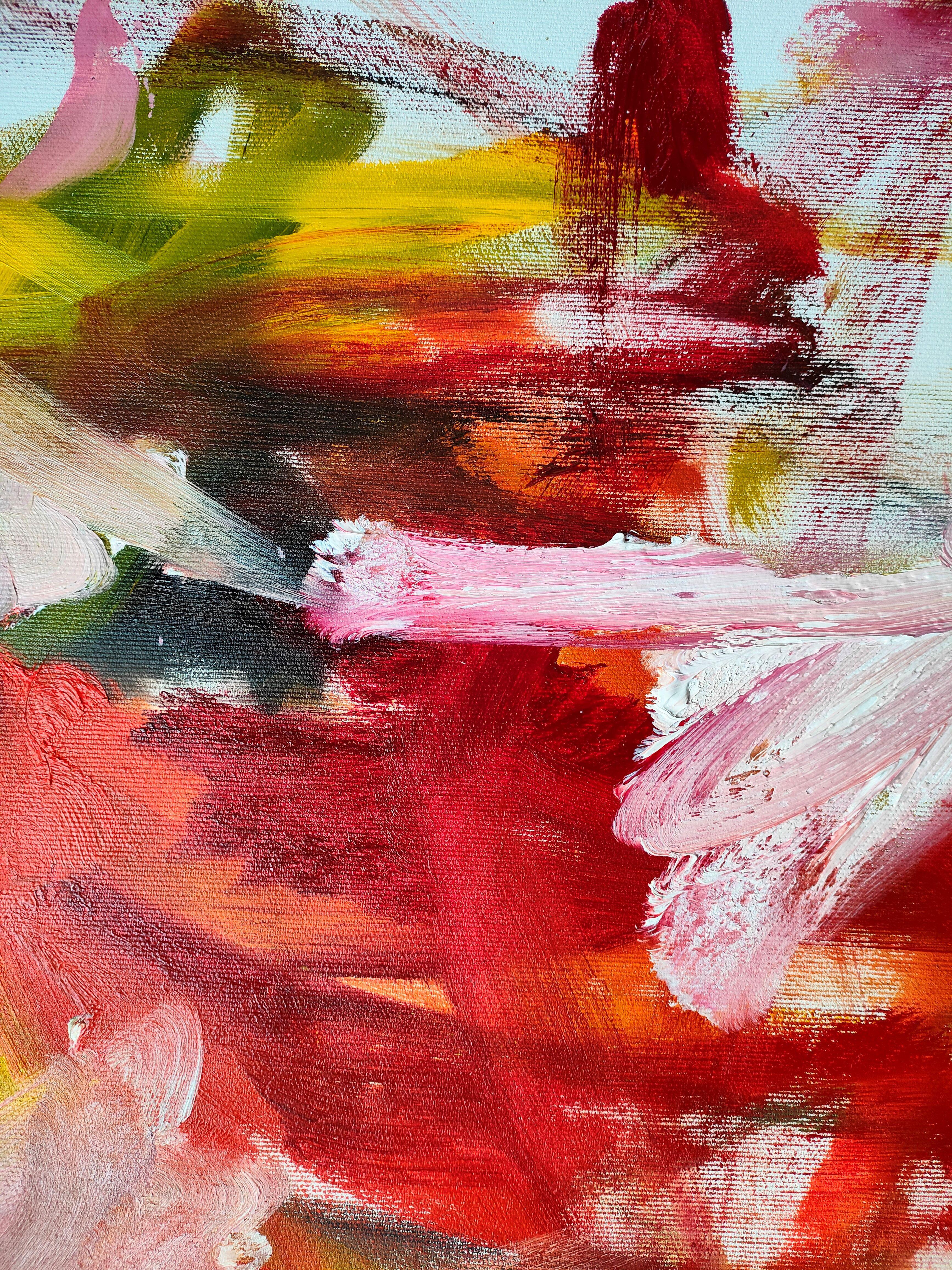 Abstraktes expressionistisches Self-Portrait, das in mehreren Schichten mit gestischen und spontanen Pinselstrichen gearbeitet wurde.  Dieses Kunstwerk ist voller positiver Energie in einer warmen Farbpalette, hauptsächlich Rot auf weißem