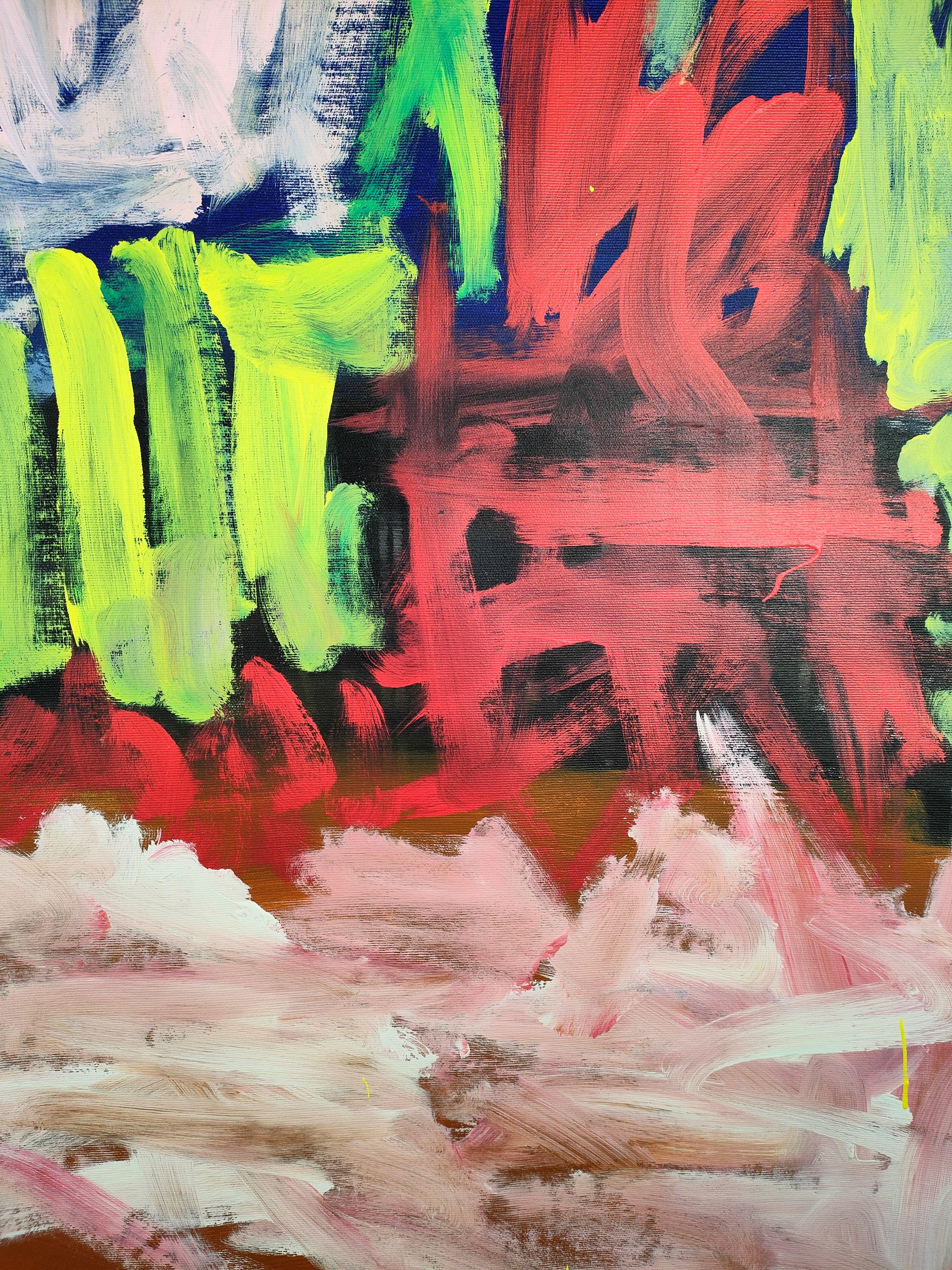 Abstrakte expressionistische Kunstwerke in einer kräftigen Farbpalette, hauptsächlich Rot, Blau, Gelb und Schwarz.  Das wurde mir klar, nachdem ich den französischen Film 