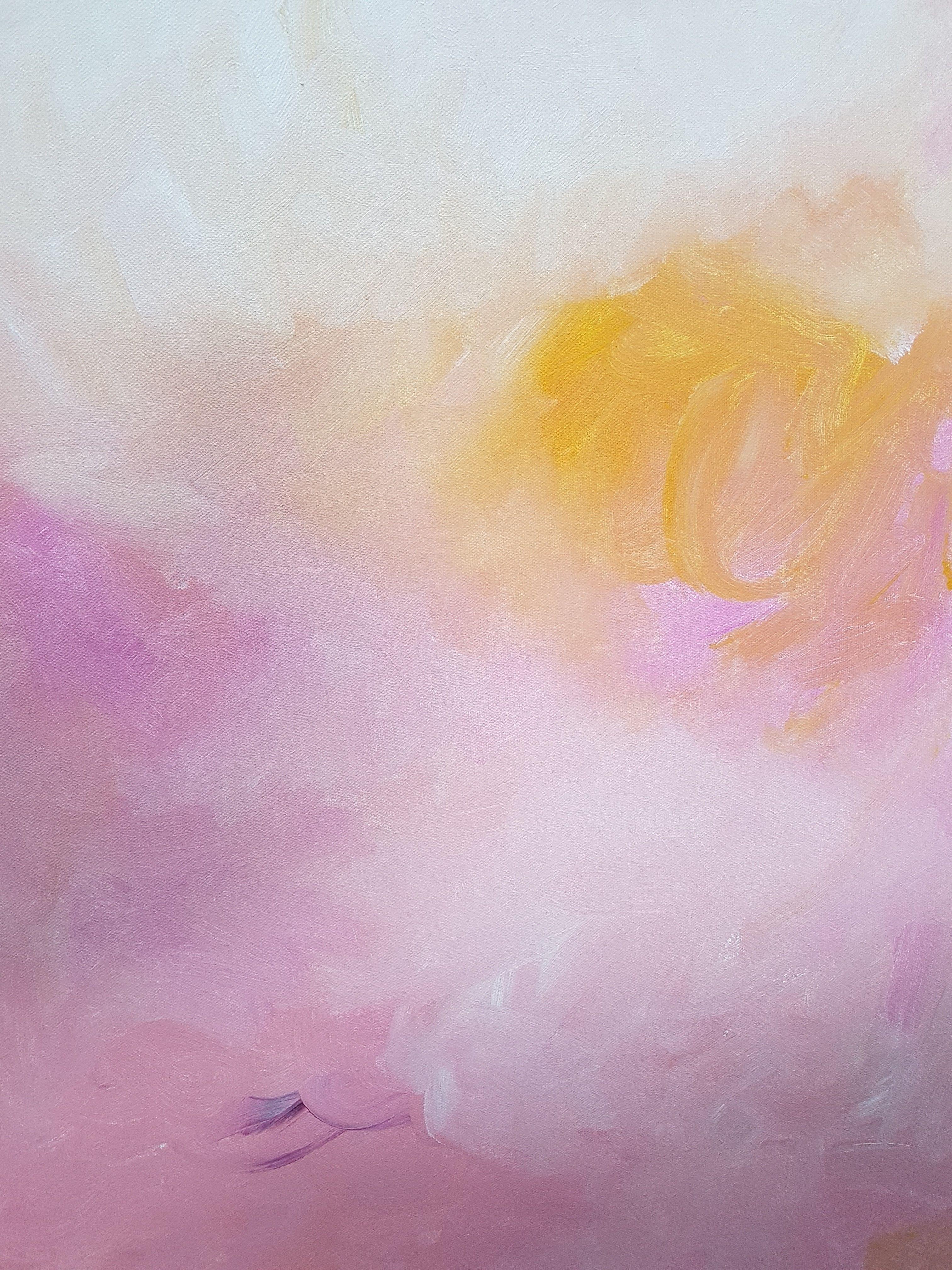 Minimalist abstract expressionism landscape in pastel shades of pink and yellow. The atmosphere is soft and warm, it evokes a landscape with a clear sky above pink vegetation, bushes, a path ... This work is relaxing, calm. :: Painting :: Abstract