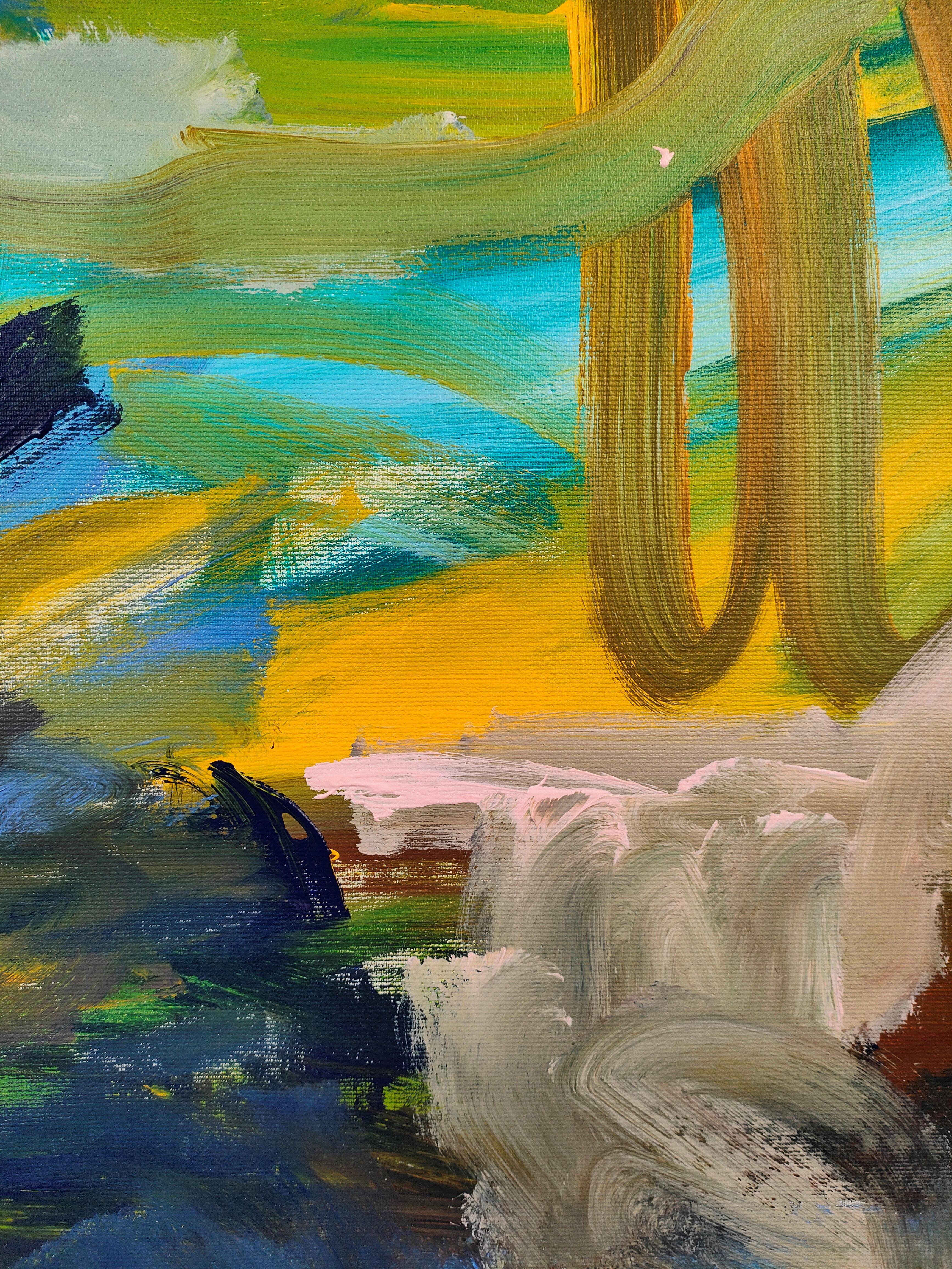 Abstraktes expressionistisches Kunstwerk mit einer starken Farbpalette, hauptsächlich Blau und Grün.  Dieses von der Natur inspirierte Werk wurde in mehreren Schichten mit kräftigen, farbigen Pinselstrichen bearbeitet.  Professionelle und