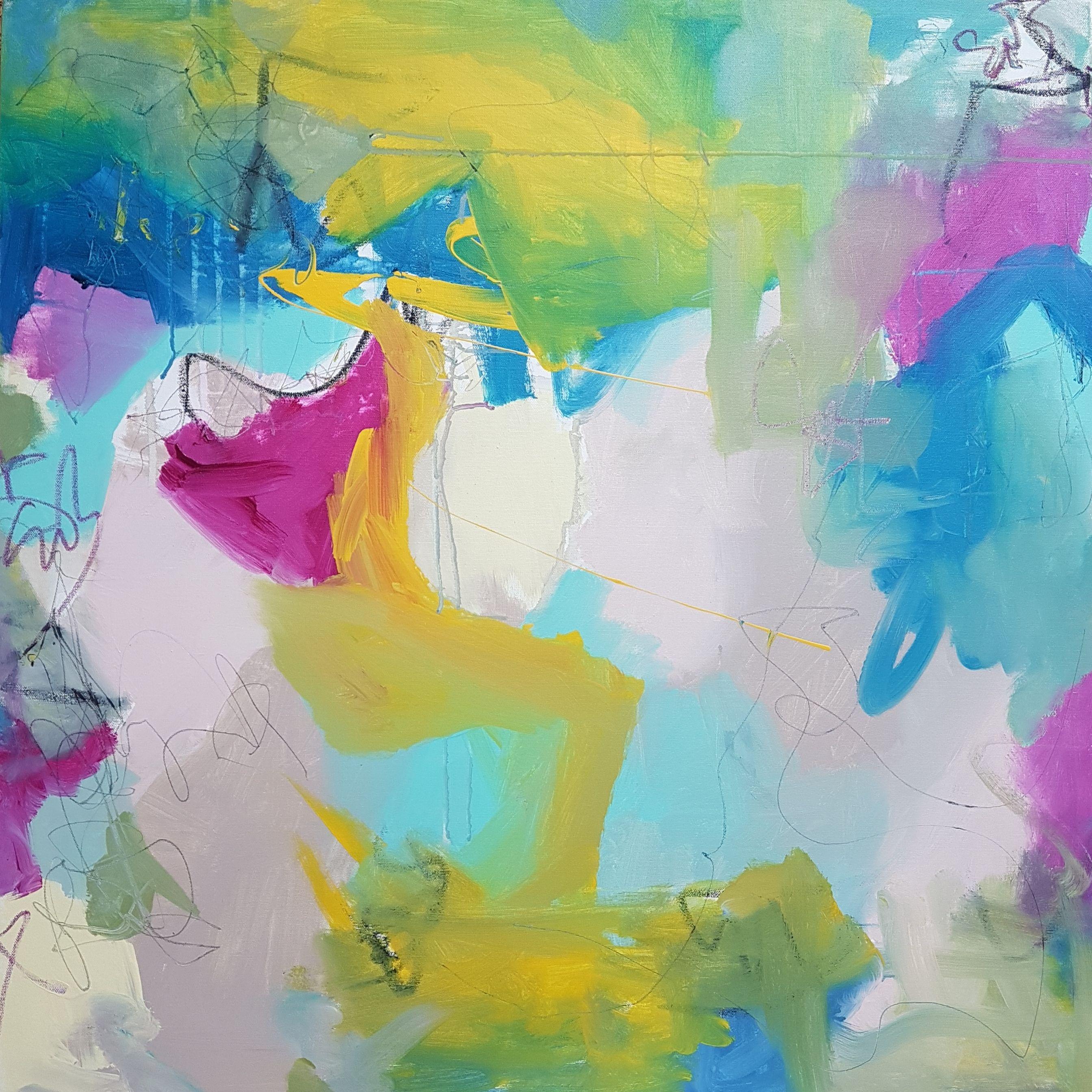 Waiting for Summer is an abstract expressionism artwork with beautiful and fresh colors, turquoise, strawberry and yellow composed in harmony on several layers. It expresses a need of sun which is missing in summer 2021 in France.   :: Painting ::