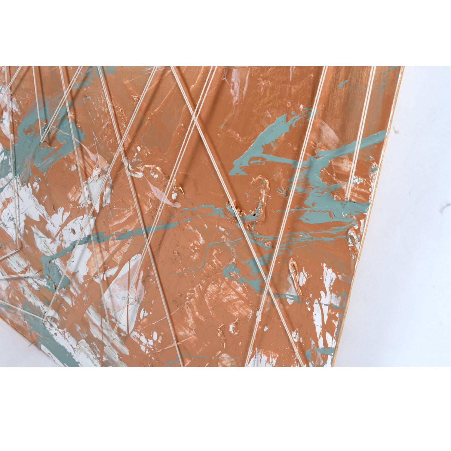 Modern Emily Tan Copper and Sage Green Abstract Drip Painting with String For Sale