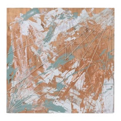 Emily Tan Copper and Sage Green Abstract Drip Painting with String