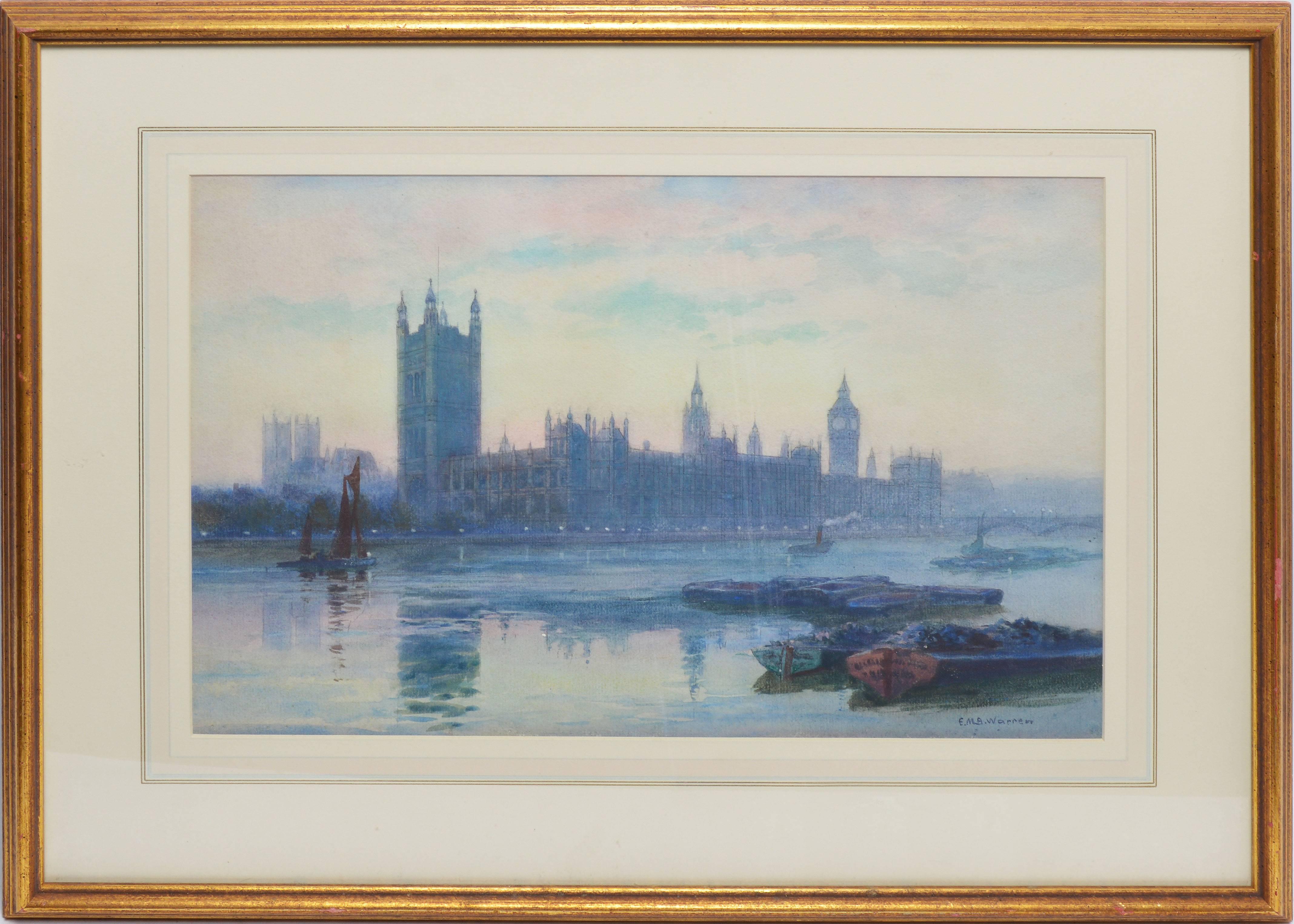 Impressionist view of London by Emily Warren  (1870 - 1956).  Gouache and watercolor on paper, circa 1910.  Signed lower right.  Framed.  Image size, 16"L x 11"H, overall 22.5"L x 18"H.