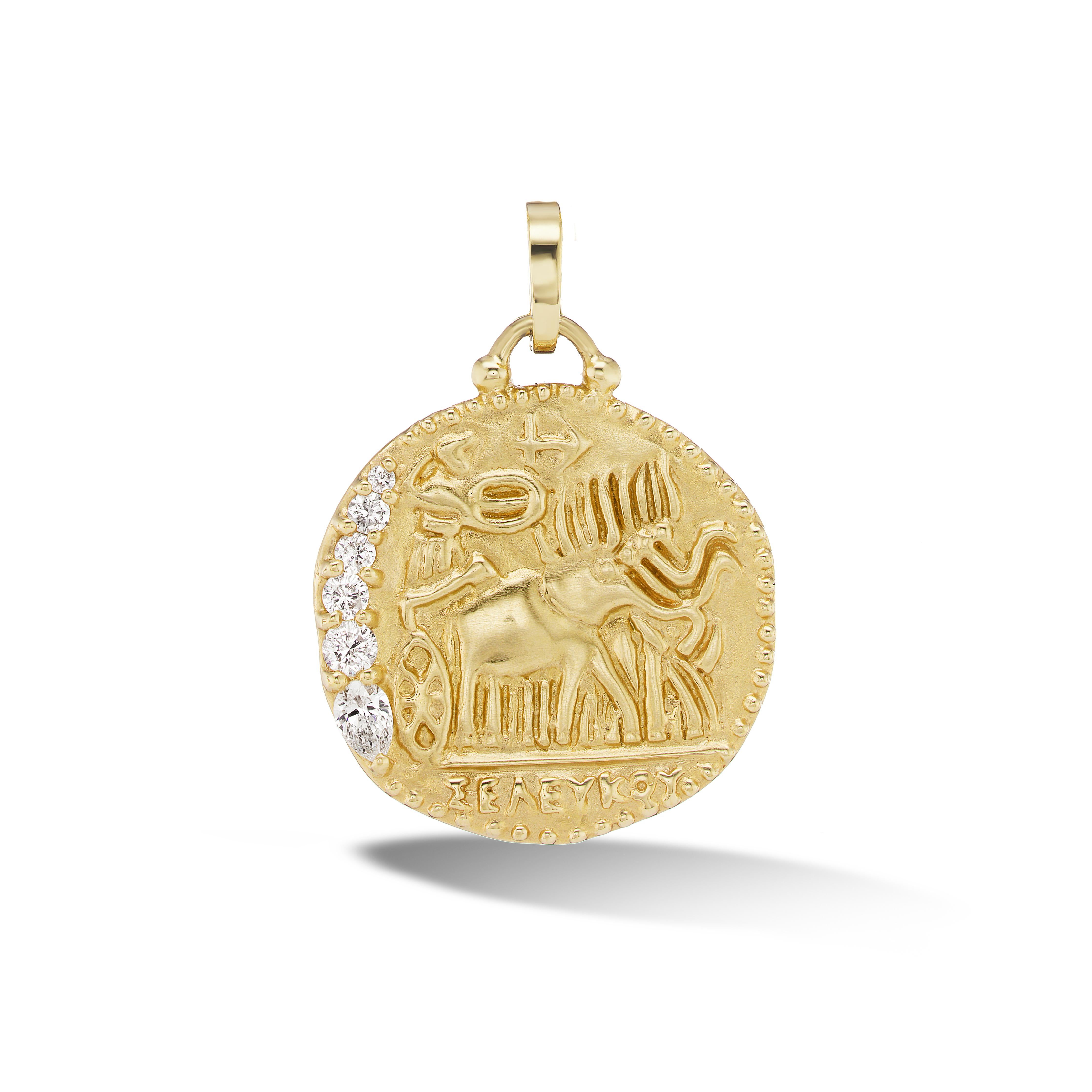 Inspired by a coin with its roots in the Seleucid Empire, this talisman charm depicts Athena, goddess of wisdom and war strategy, driving a chariot drawn by four war elephants, animals often used in warfare to impress and terrify enemies. Athena is