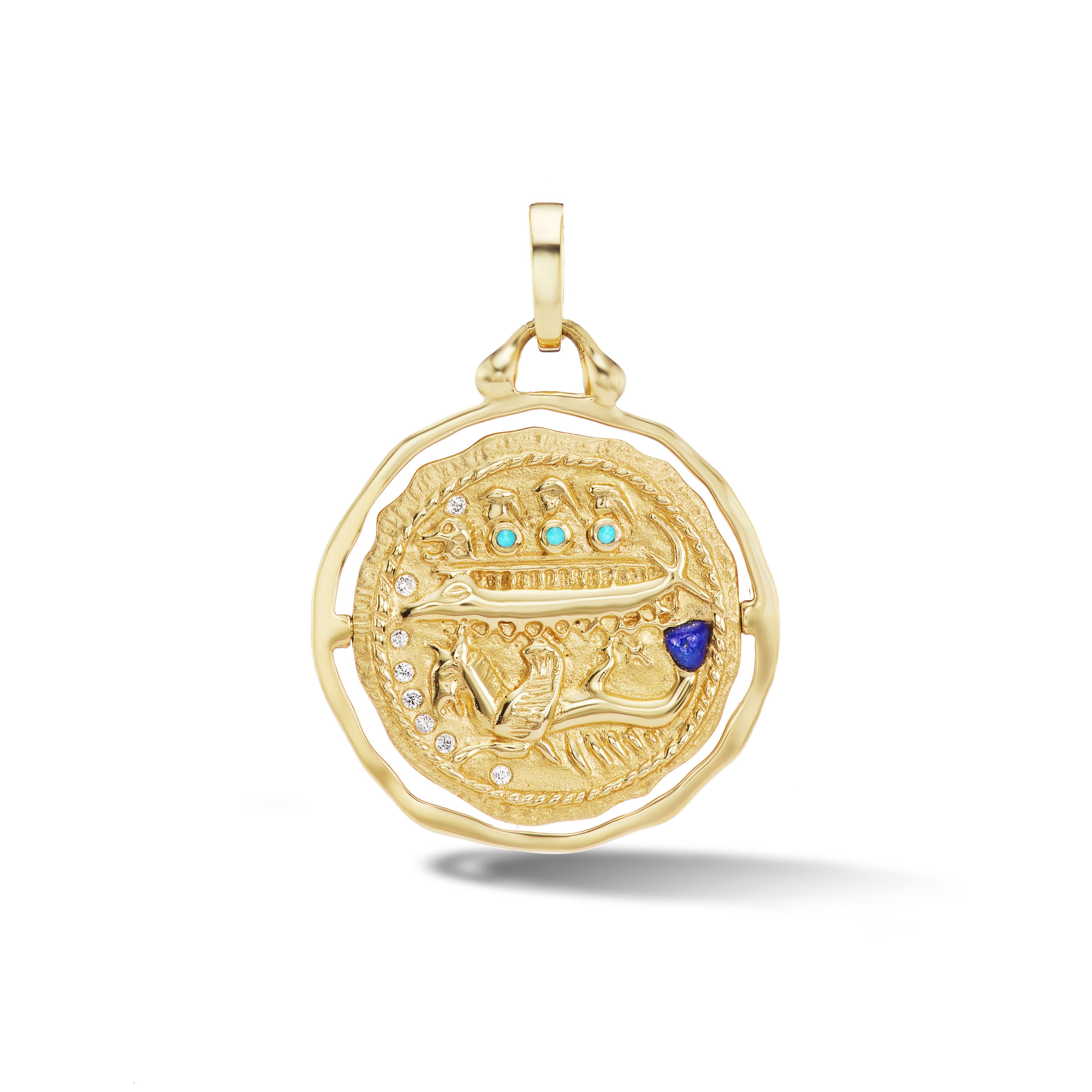 This double-sided coin can be flipped within its circular frame and worn on either side. The amulet symbolizes protection and is hand carved out of lustrous 18k yellow gold featuring turquoise hoplite shields and a hand-carved lapis Hippocamp