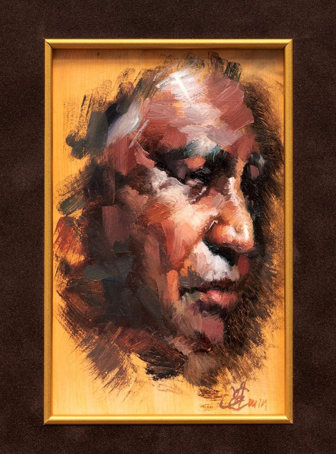 Ureinwohner Amerikas "Porträt eines fröhlichen Mannes" 
Emin Abbasov (geb. 1950, Aserbaidschan)
Öl auf Karton, signiert
5 7/8 x 3 3/4 (17 x 15 Rahmen) Zoll

Emin Abbasov ist ein klassisch ausgebildeter Maler, der an der M.M. ein Meisterdiplom mit