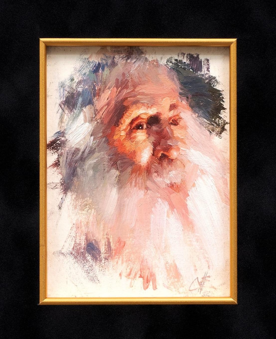 "Porträt des Weisen" 
Emin Abbasov (geb. 1950, Aserbaidschan)
Öl auf Karton, signiert
4 7/8 x 3 1/2 (16 x 14 1/2 Rahmen) Zoll

Emin Abbasov ist ein klassisch ausgebildeter Maler, der an der M.M. ein Meisterdiplom mit Auszeichnung für hohe