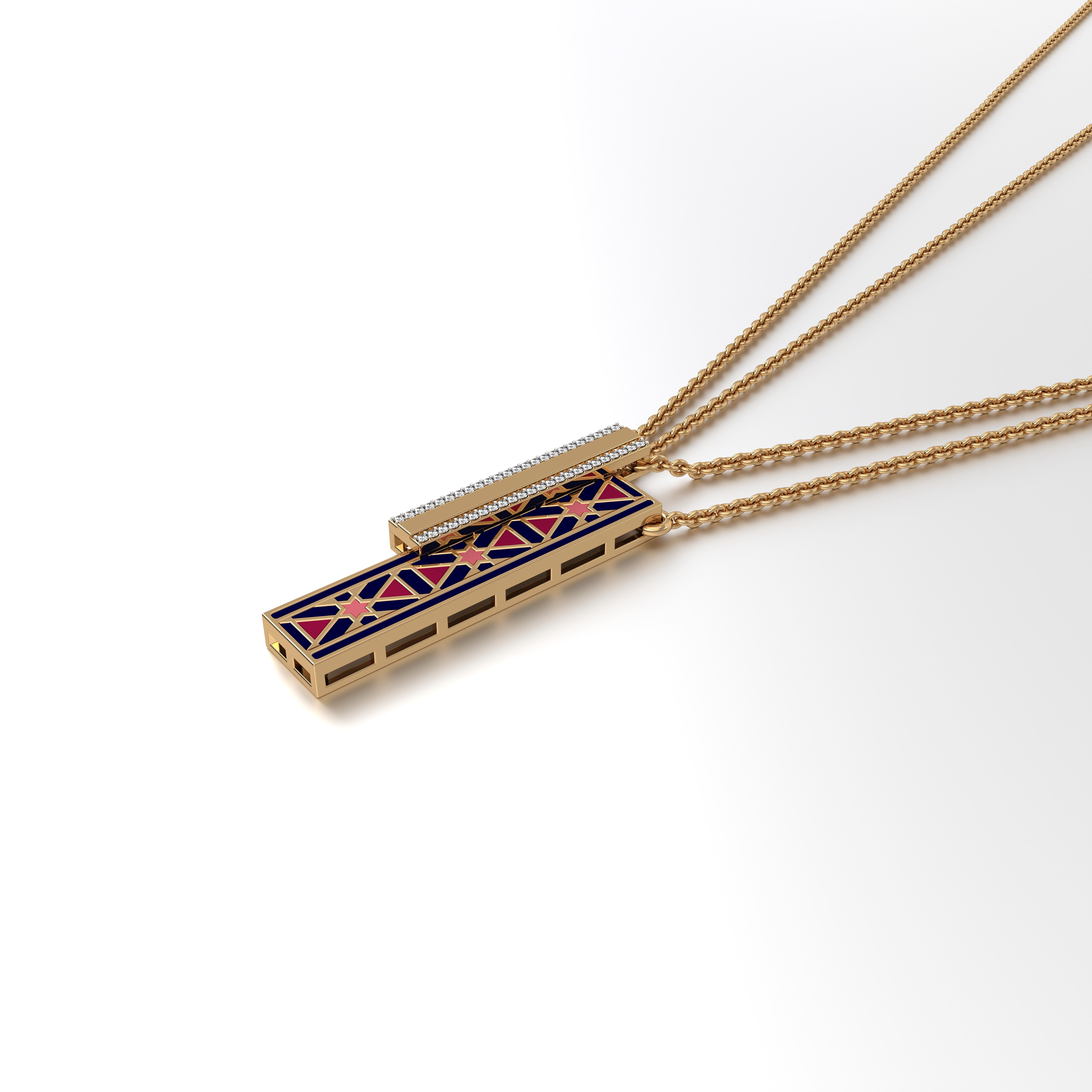 Colgante Emira de doble cadena y barra vertical mediana, de nuestra galardonada colección Miraas, meticulosamente elaborado en oro de 18 quilates, con diamantes finamente surtidos, y engastado con un motivo girih de estrella de 6 puntas en esmalte