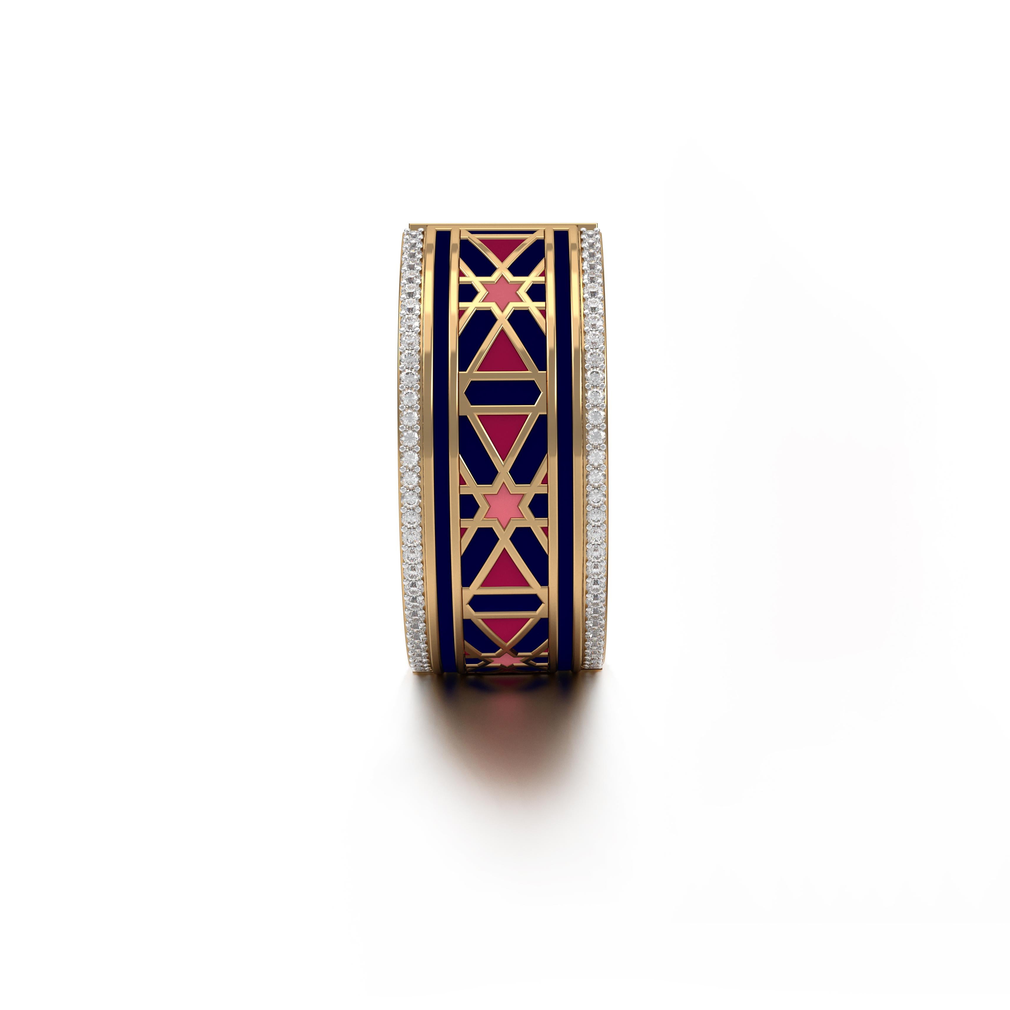 Emira Hoops Medium, from our award winning Miraas collection meticulously crafted in 18kt gold, with finely assorted diamonds, and set with 6 point star Persion girih pattern in specially formulated Prussian Blue, Cardinal Red and Melon Orange