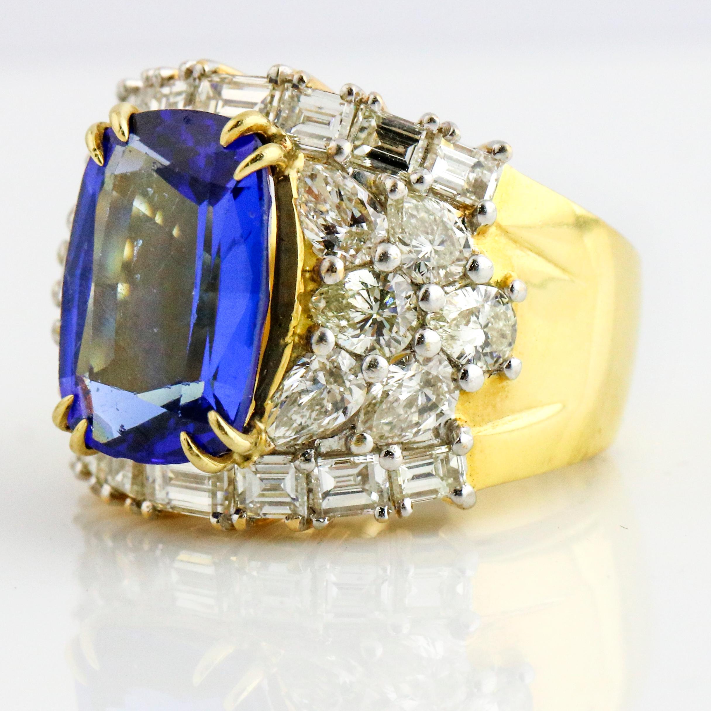 Retro Emis Beros 11.71 Carat 18 Karat Yellow Gold Tanzanite Diamond Statement Ring For Sale
