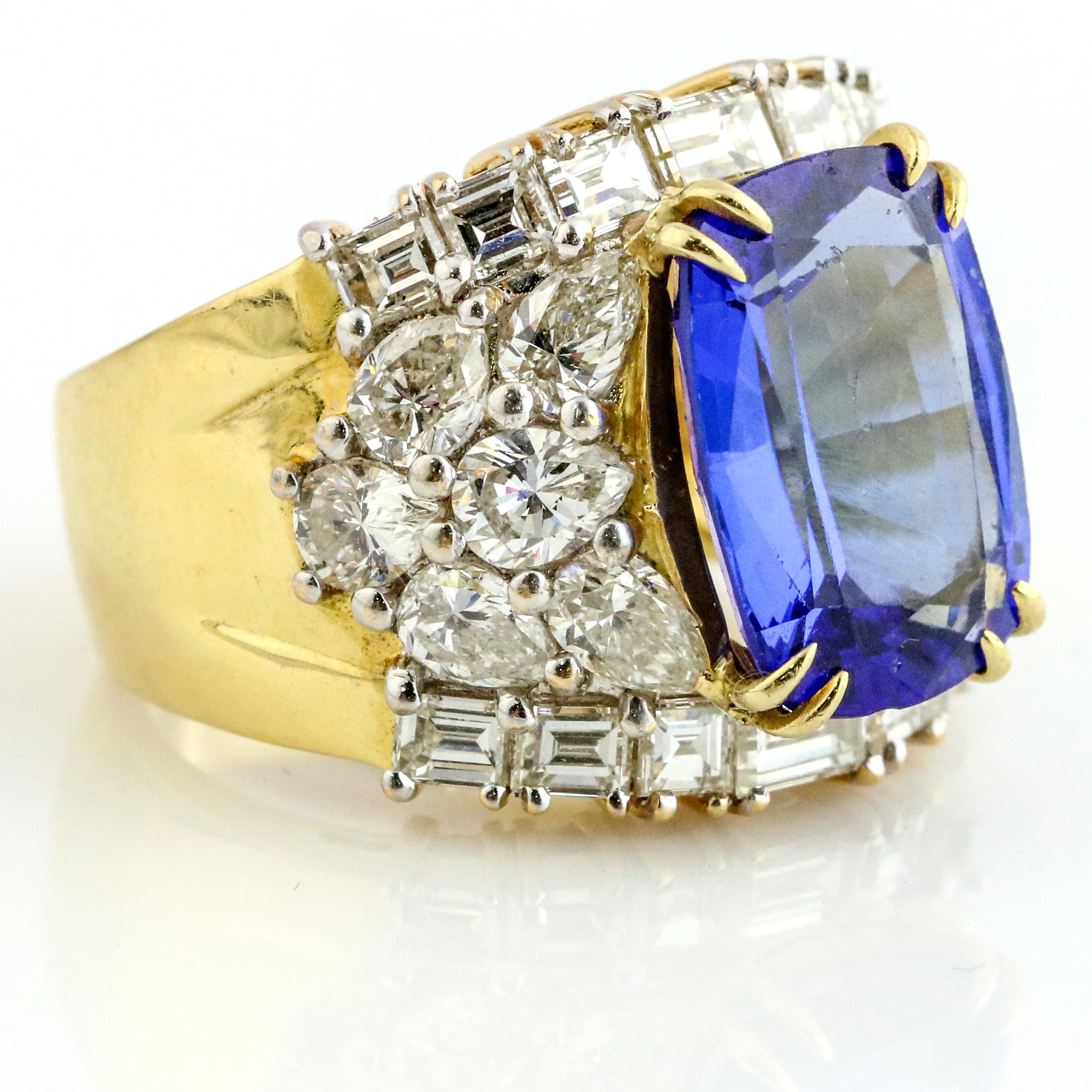 Cushion Cut Emis Beros 11.71 Carat 18 Karat Yellow Gold Tanzanite Diamond Statement Ring For Sale