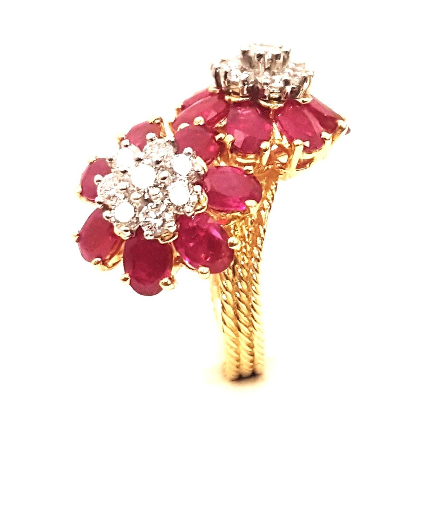 Contemporary Emis Beros 18 Karat Ruby and Diamond Double Cluster Flower Ring