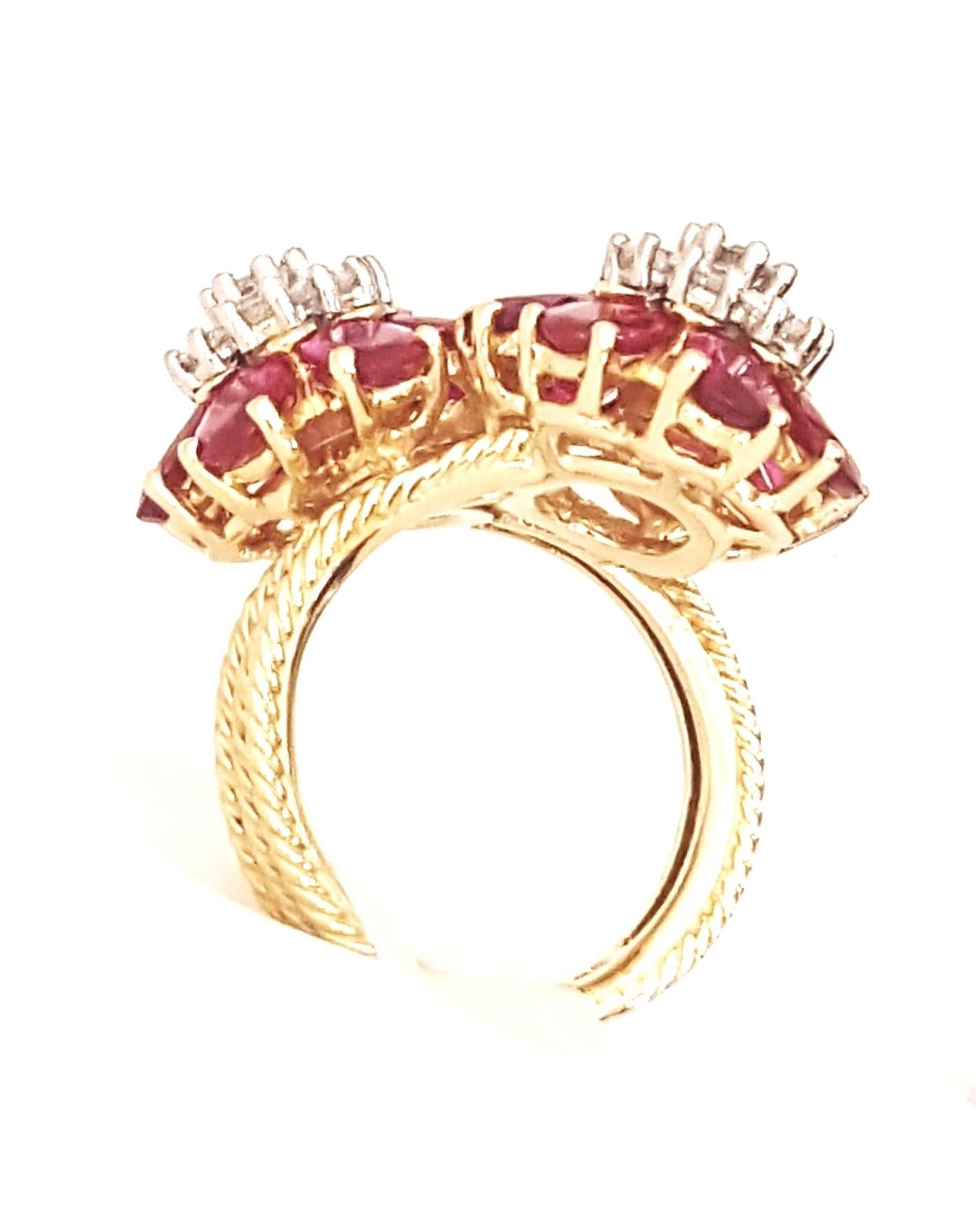 Emis Beros 18 Karat Ruby and Diamond Double Cluster Flower Ring In Excellent Condition In Palm Beach, FL