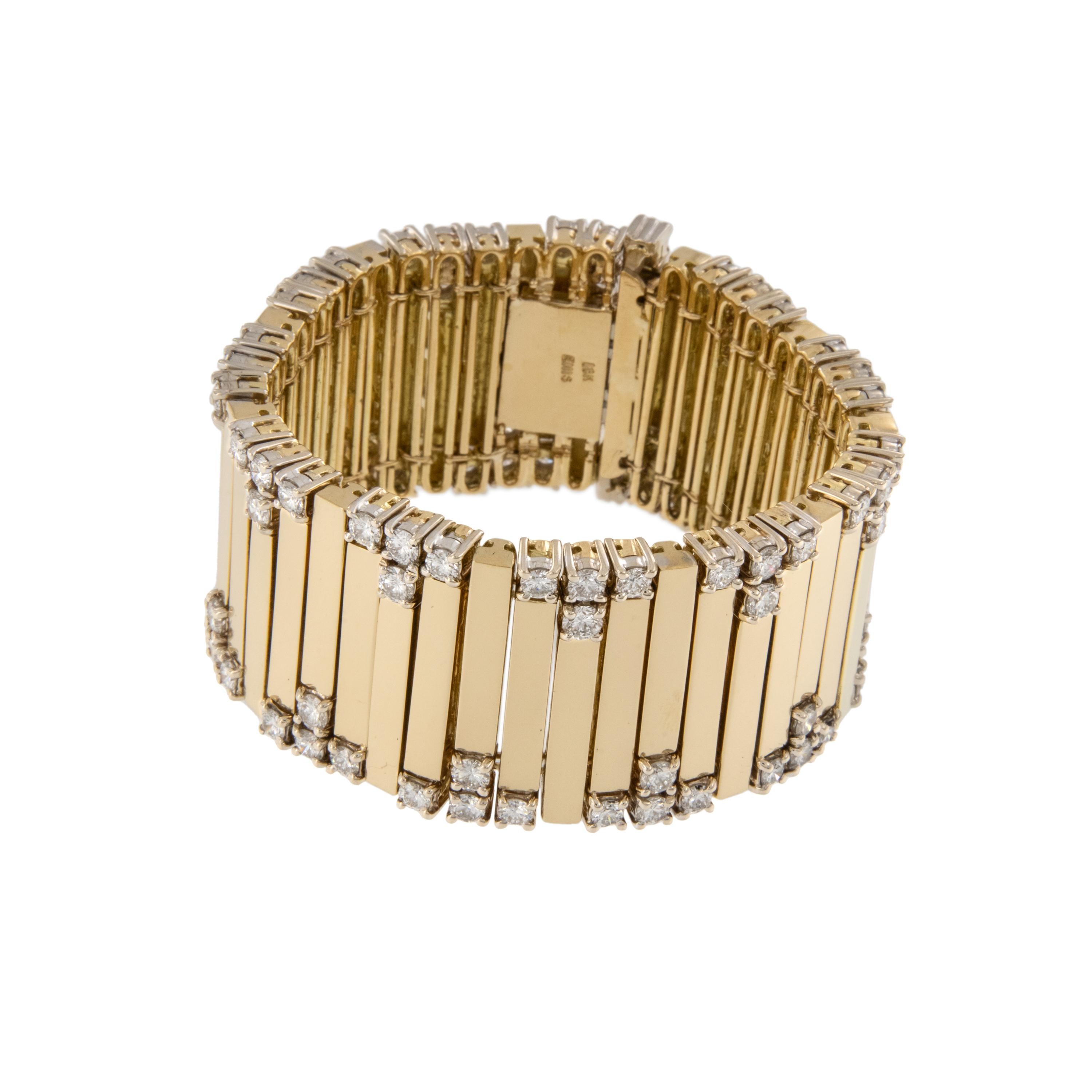 Contemporary Emis Beros 18 Karat Yellow Gold Deco Style 8.50 Cttw  Diamond Statement Bracelet For Sale