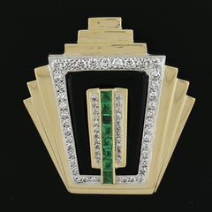 Emis Beros 18k Gold Onyx Diamond & Emerald Step Flared Design Deco Style Pendant