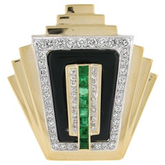 Emis Beros 18k Gold Onyx Diamond & Emerald Step Flared Design Deco Style Pendant