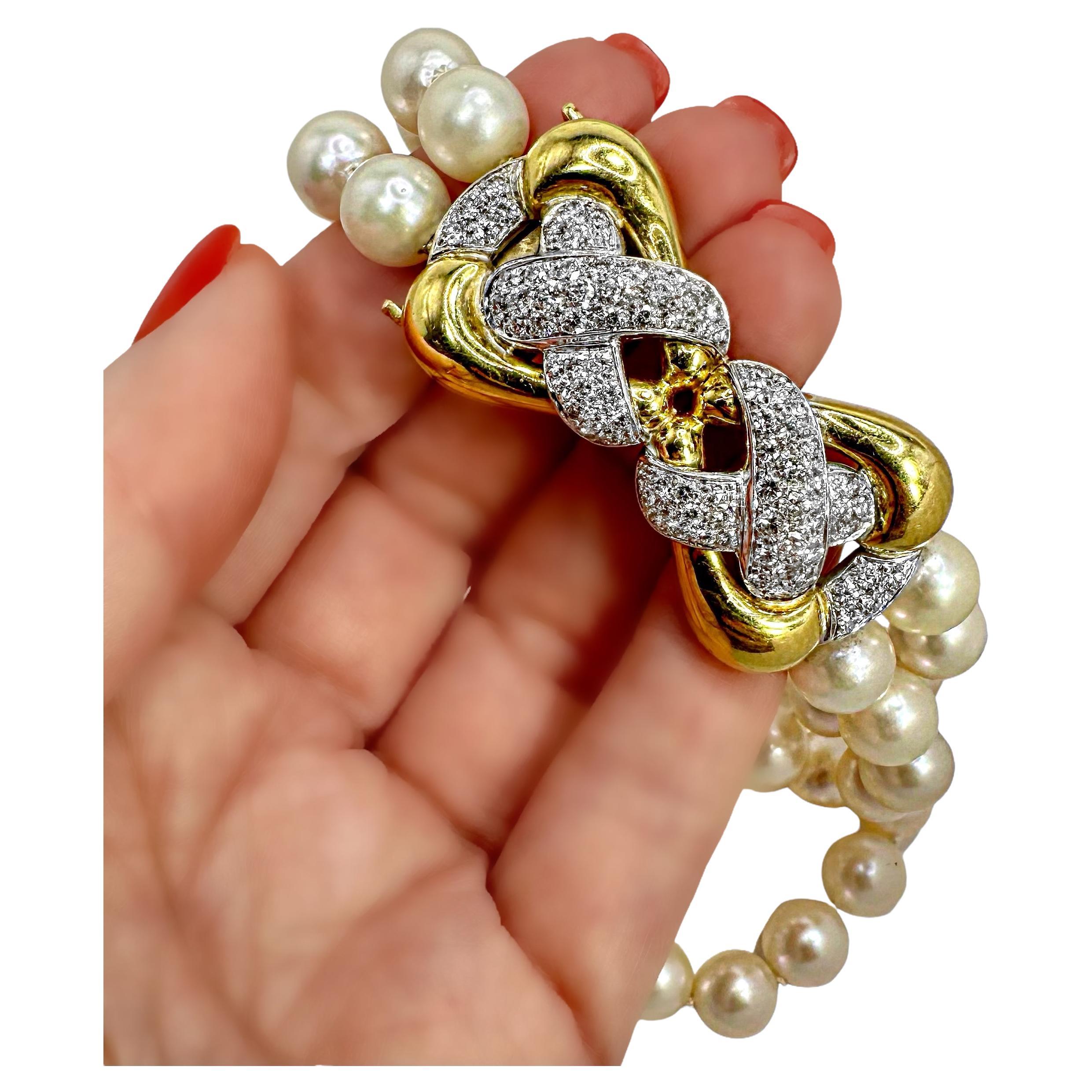 Modern Emis Beros Double Strand Pearl Necklace with Bold Diamond and Yellow Gold Clasp