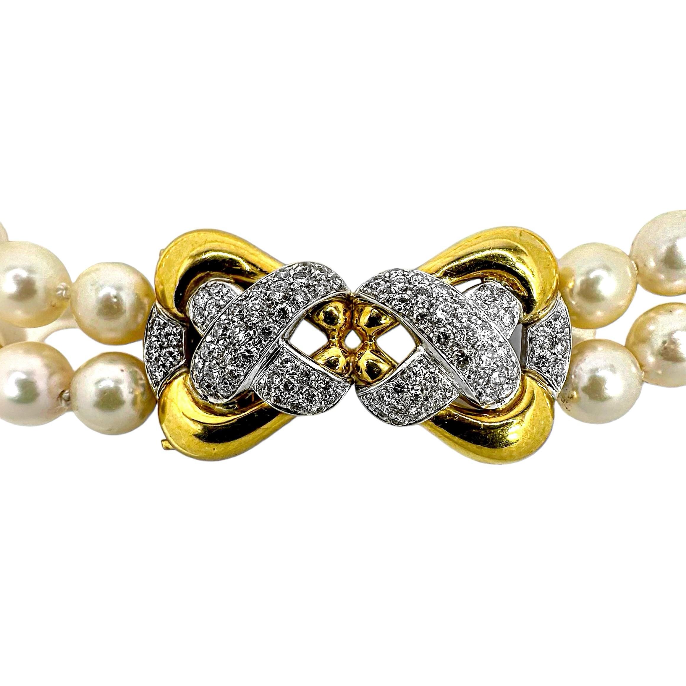 Round Cut Emis Beros Double Strand Pearl Necklace with Bold Diamond and Yellow Gold Clasp
