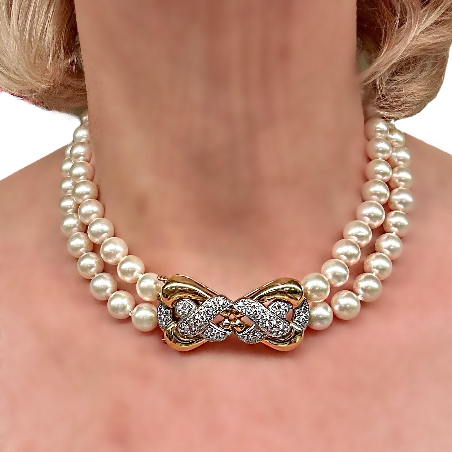 Emis Beros Double Strand Pearl Necklace with Bold Diamond and Yellow Gold Clasp 2