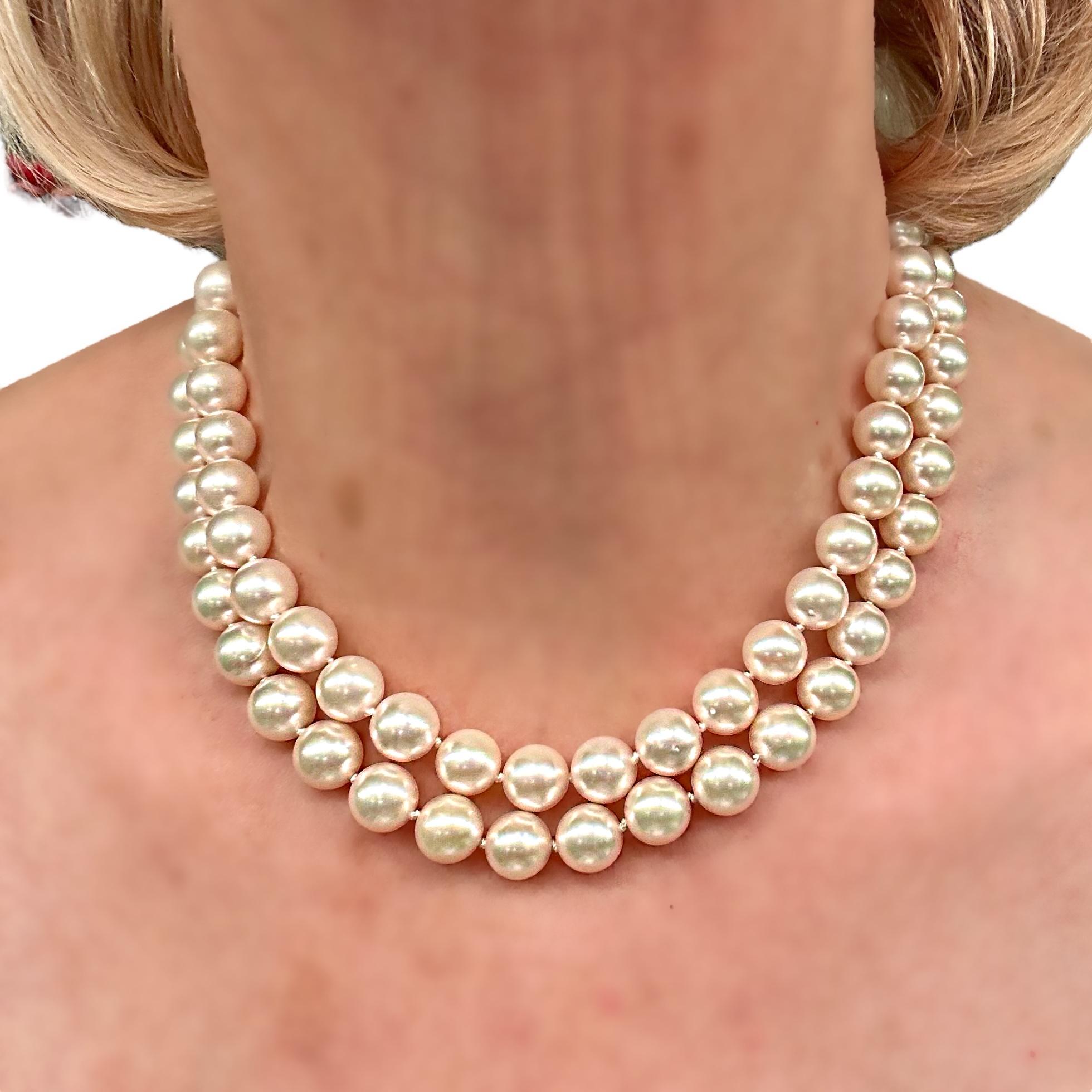 Emis Beros Double Strand Pearl Necklace with Bold Diamond and Yellow Gold Clasp 3